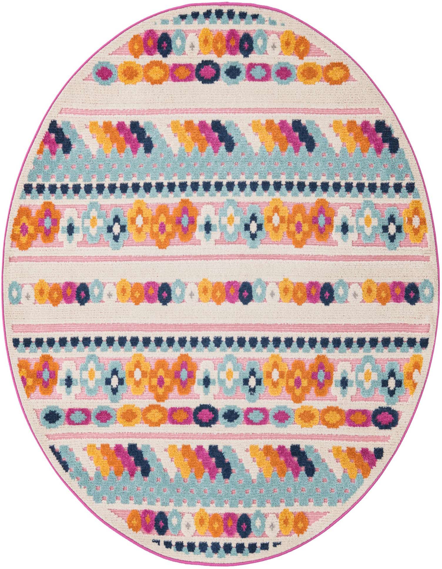 A 5' 3 round pink bohemian rug with colorful tribal stripes and floral patterns, ideal for indoor or outdoor spaces.