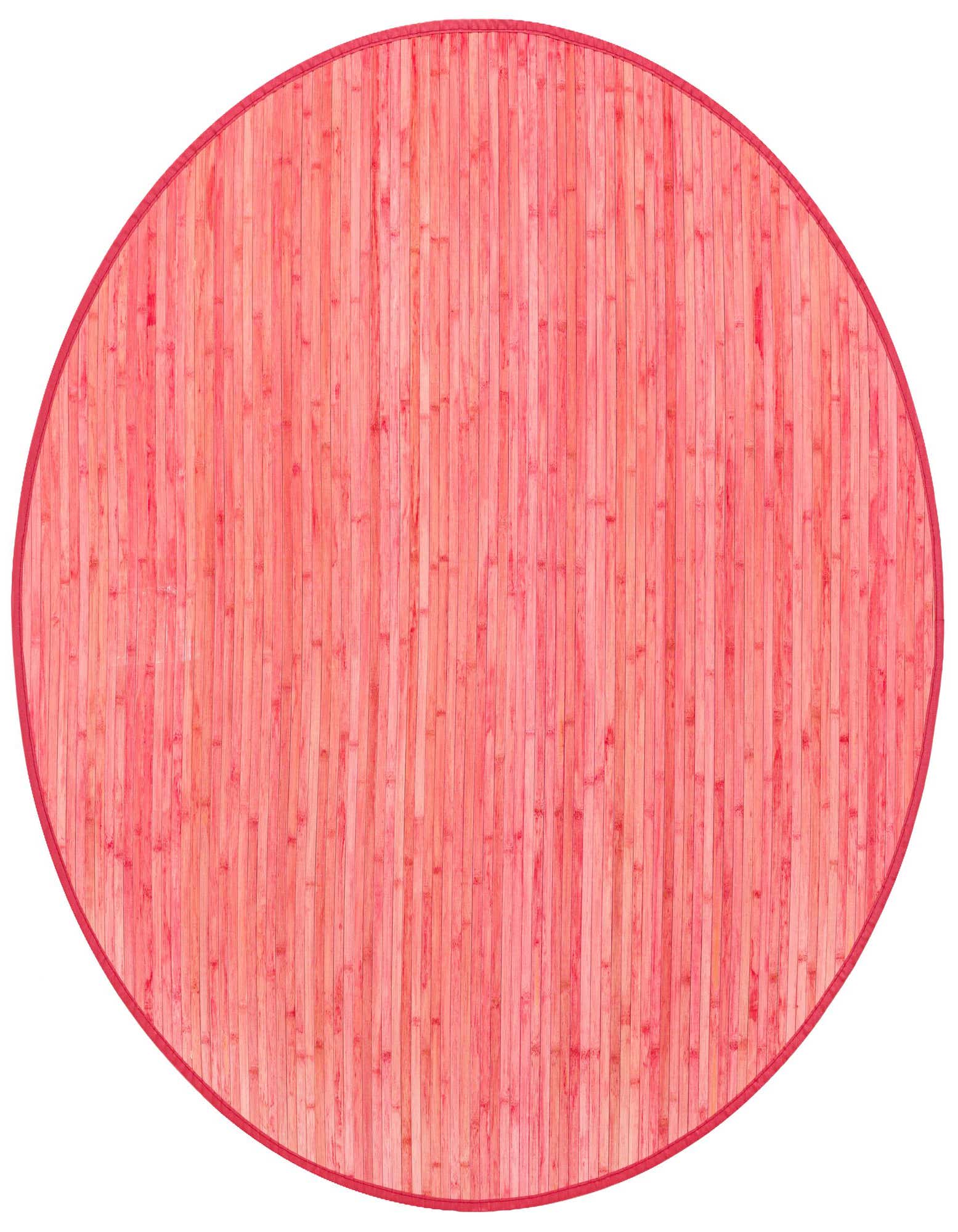 A 5' 3 round pink bamboo rug with a modern, solid design and a red fabric border.