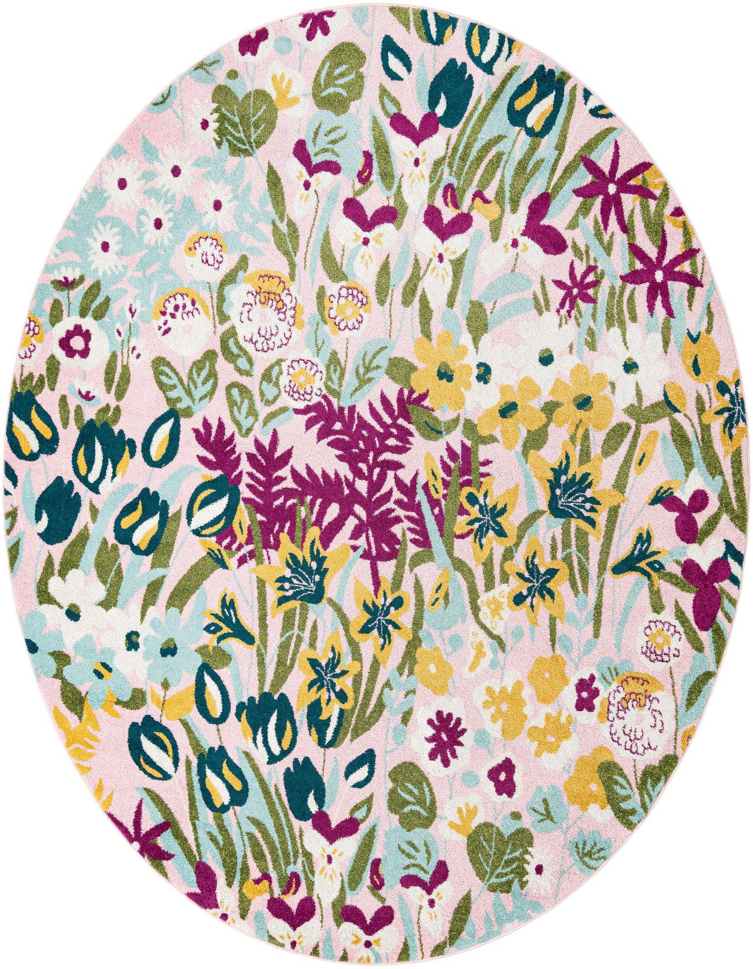 A 10-foot round pink rug with a vibrant floral pattern featuring yellow, teal, purple, and green flowers and leaves.
