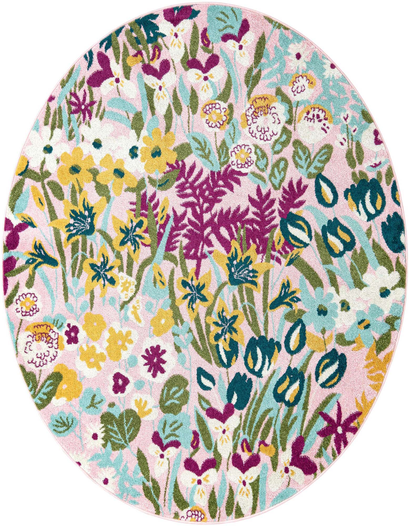 A round pink rug with a vibrant floral pattern featuring yellow, white, teal, and purple flowers and green leaves.