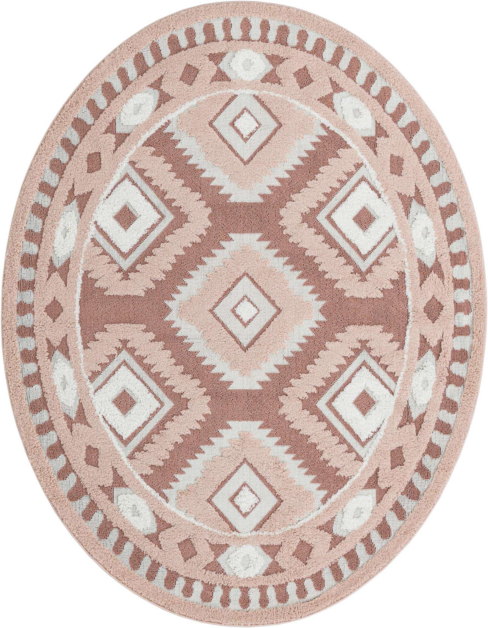 A 7' 10 round pink Southwestern rug with a tribal geometric pattern in varying shades of pink and white.