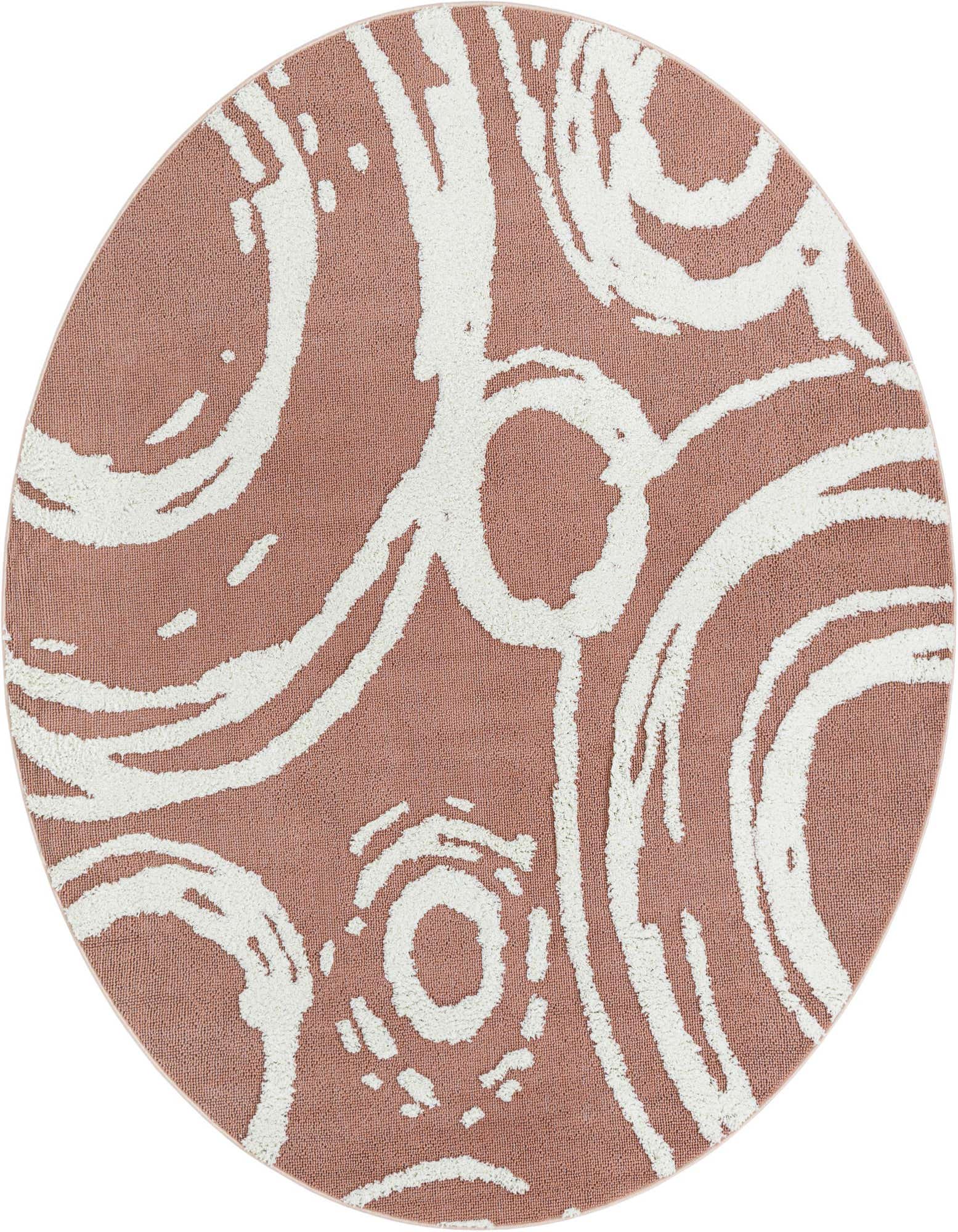 A round 7' 10 x 7' 10 pink rug with a modern abstract white swirl pattern, suitable for an indoor living space.