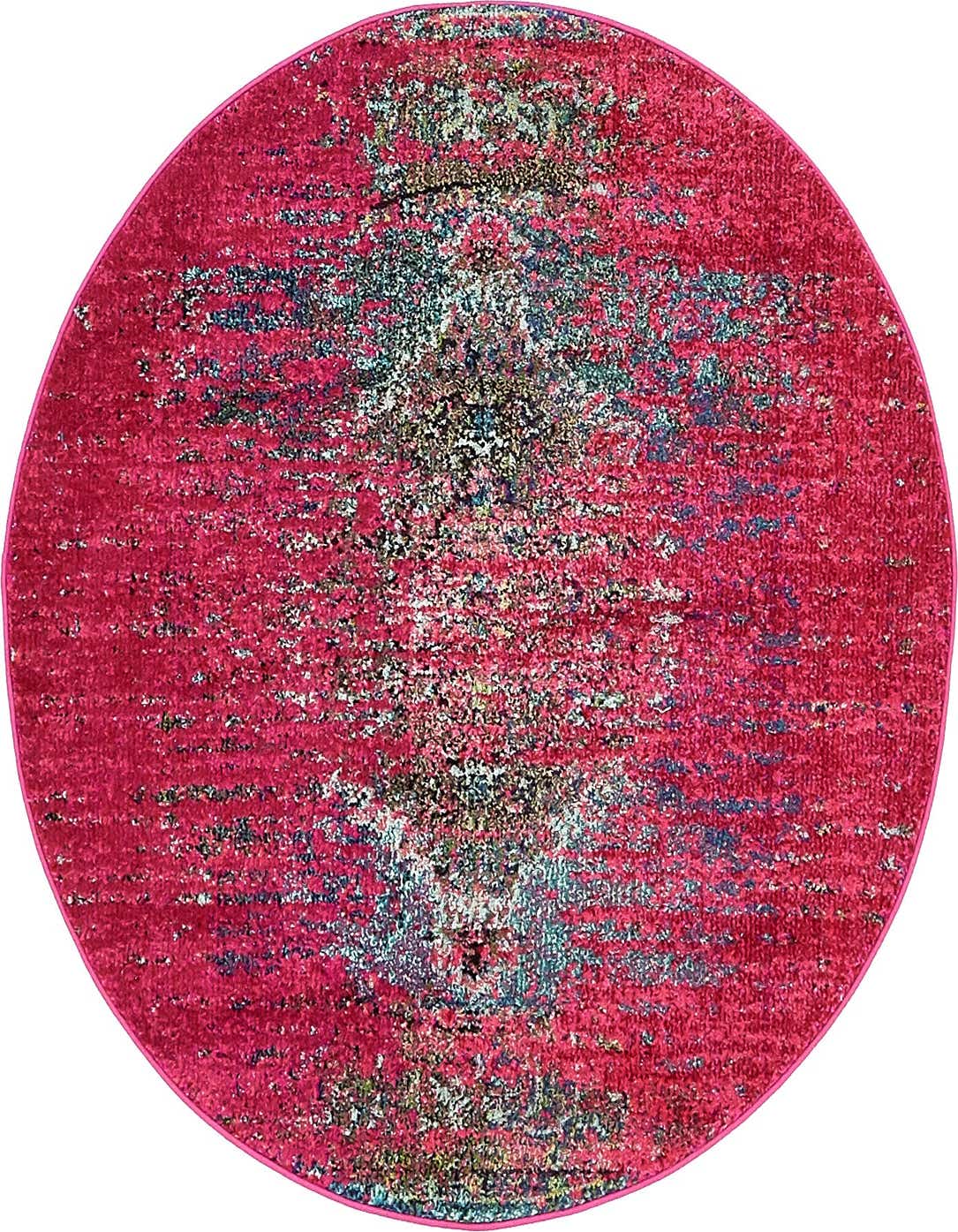 A vibrant 4' round pink rug with a distressed bohemian medallion pattern in shades of blue, green, and black.
