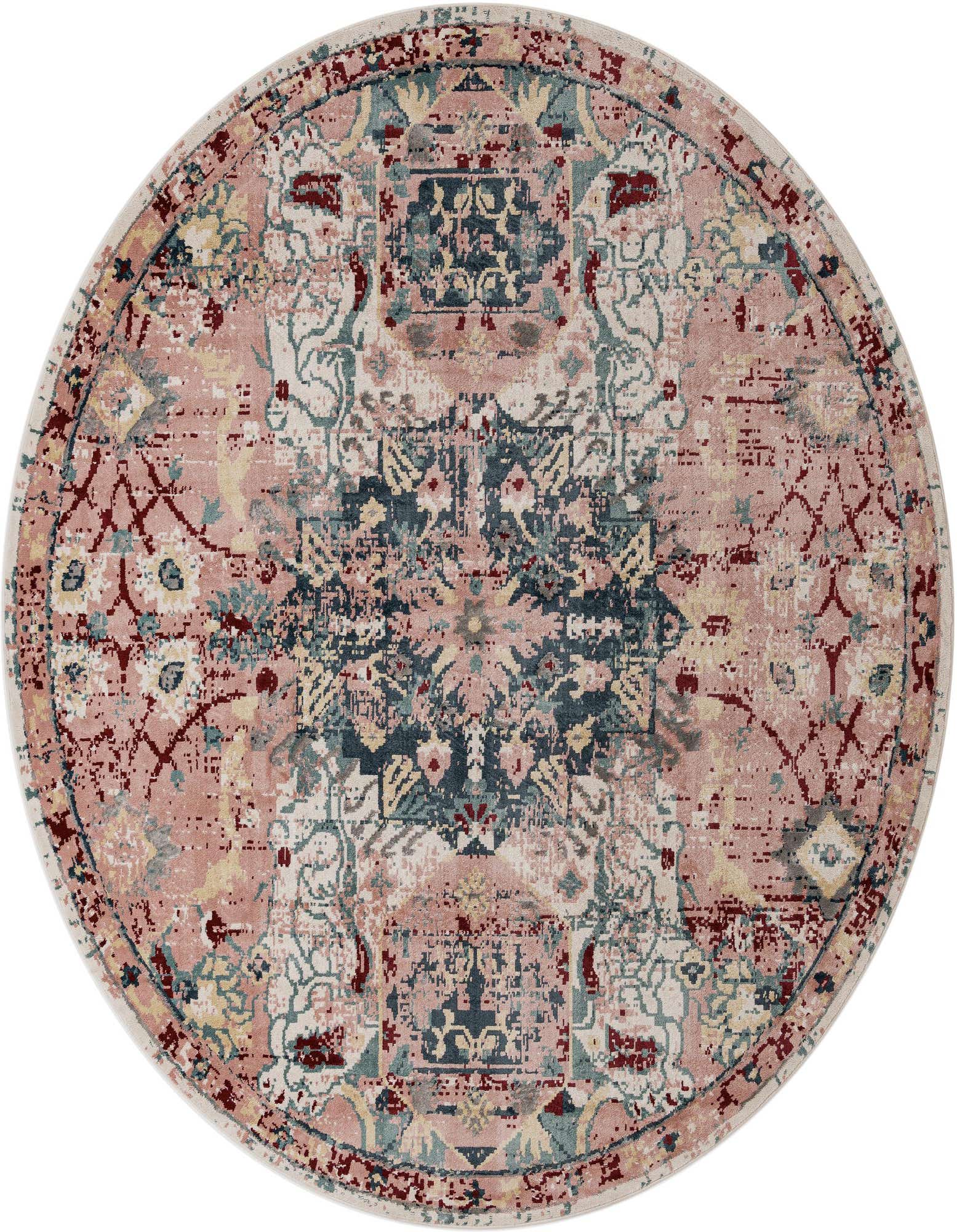 A large round pink transitional rug featuring a distressed vintage abstract pattern with accents of blue, cream, and red.