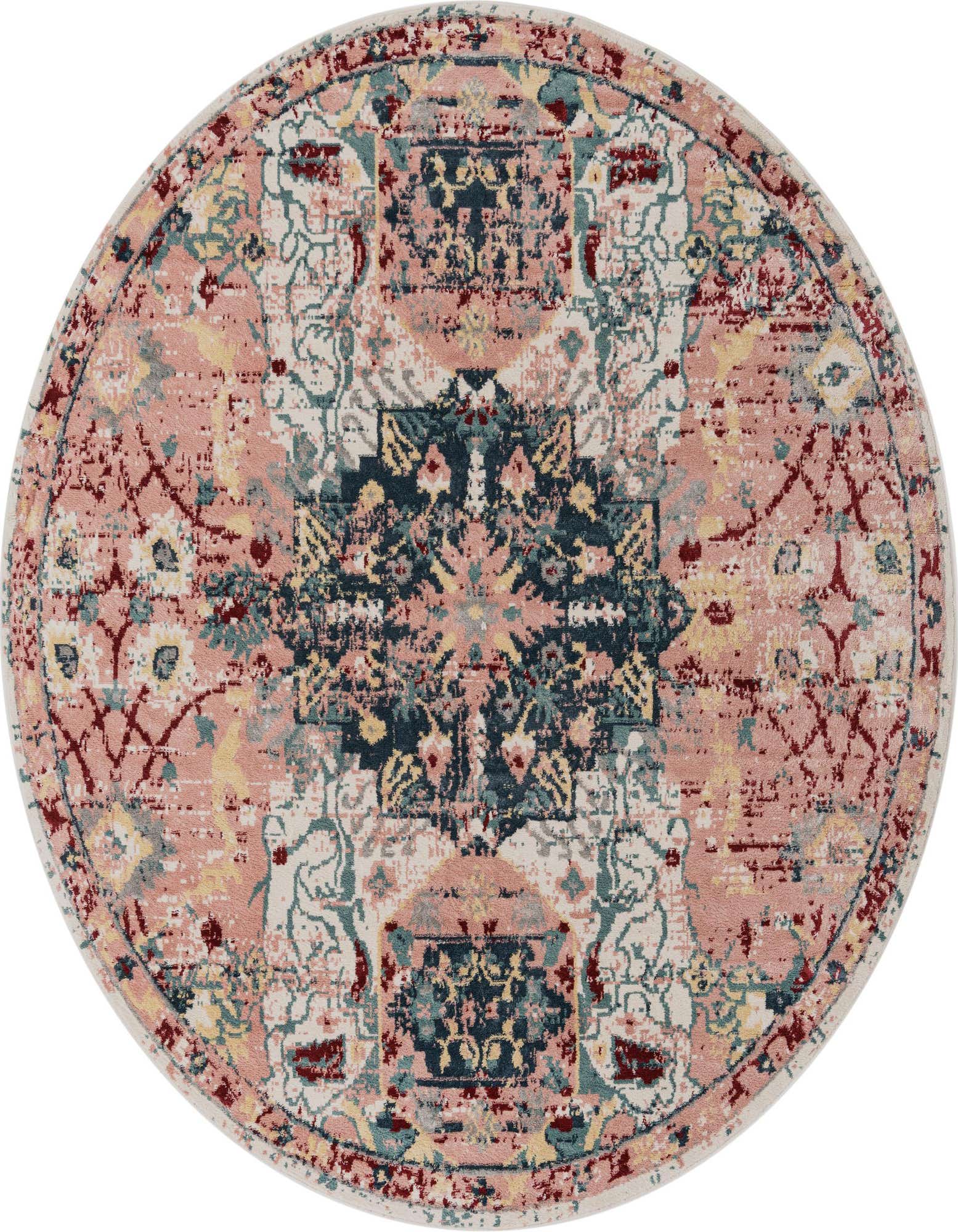 A round 10' 2 x 10' 2 pink transitional rug with a vintage medallion pattern in shades of pink, blue, and cream.