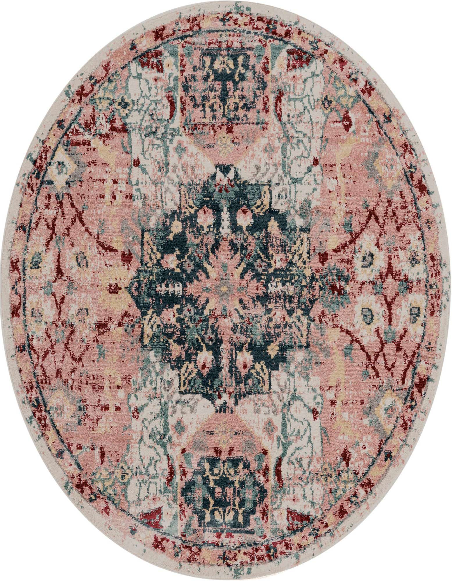 A 7' round pink, blue, and cream transitional medallion rug with a distressed vintage look, suitable for an indoor living space.
