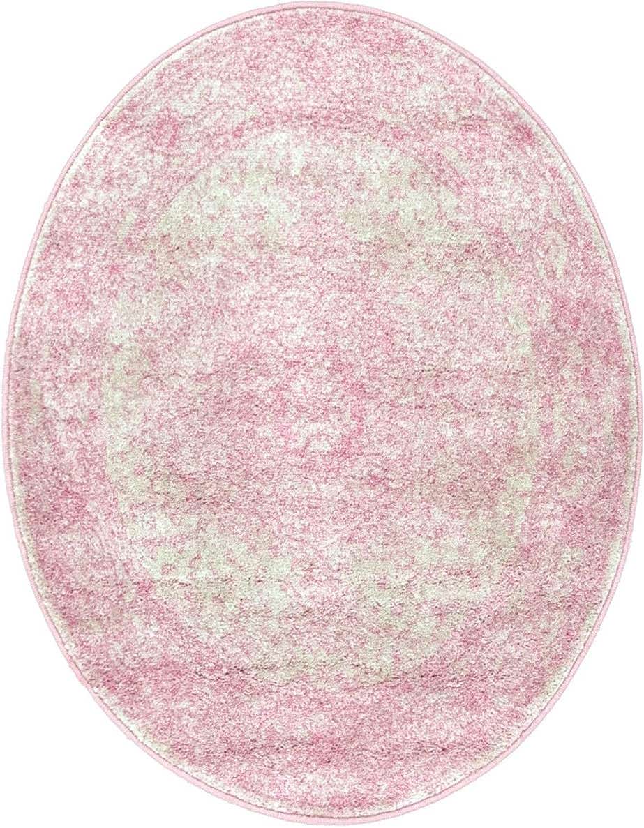 A 3' 0 x 3' 0 round pink polypropylene rug with a subtle bohemian medallion pattern, suitable for indoor spaces.