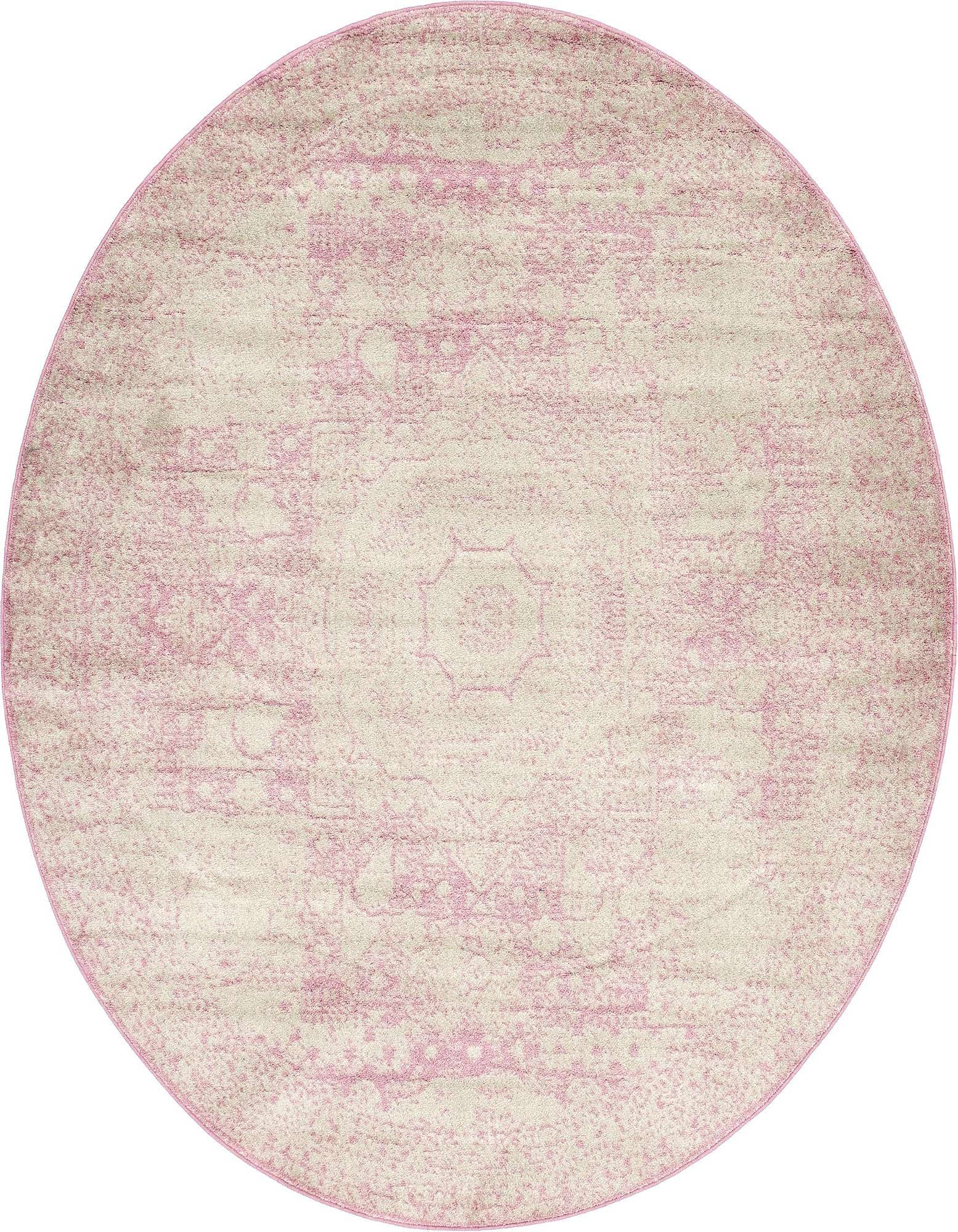 A 2' 0 x 7' 10 round pink and beige rug with a distressed medallion pattern, ideal for an indoor space.