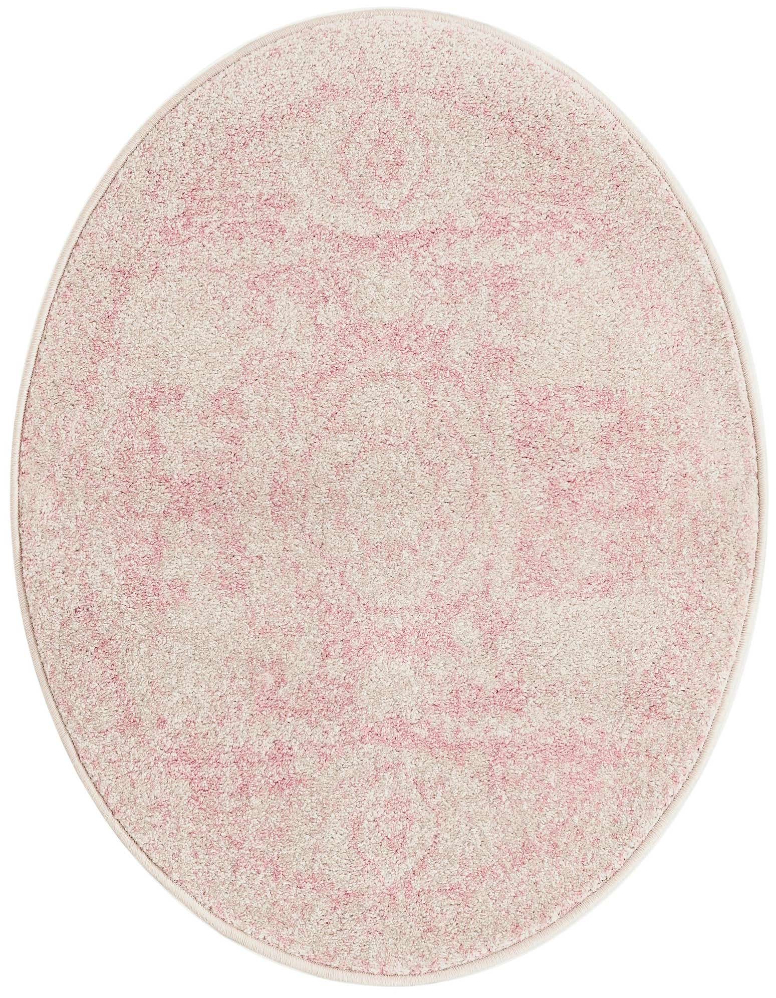 A 3' 0 x 3' 0 round pink shabby-chic area rug with a subtle medallion pattern and thin pile.