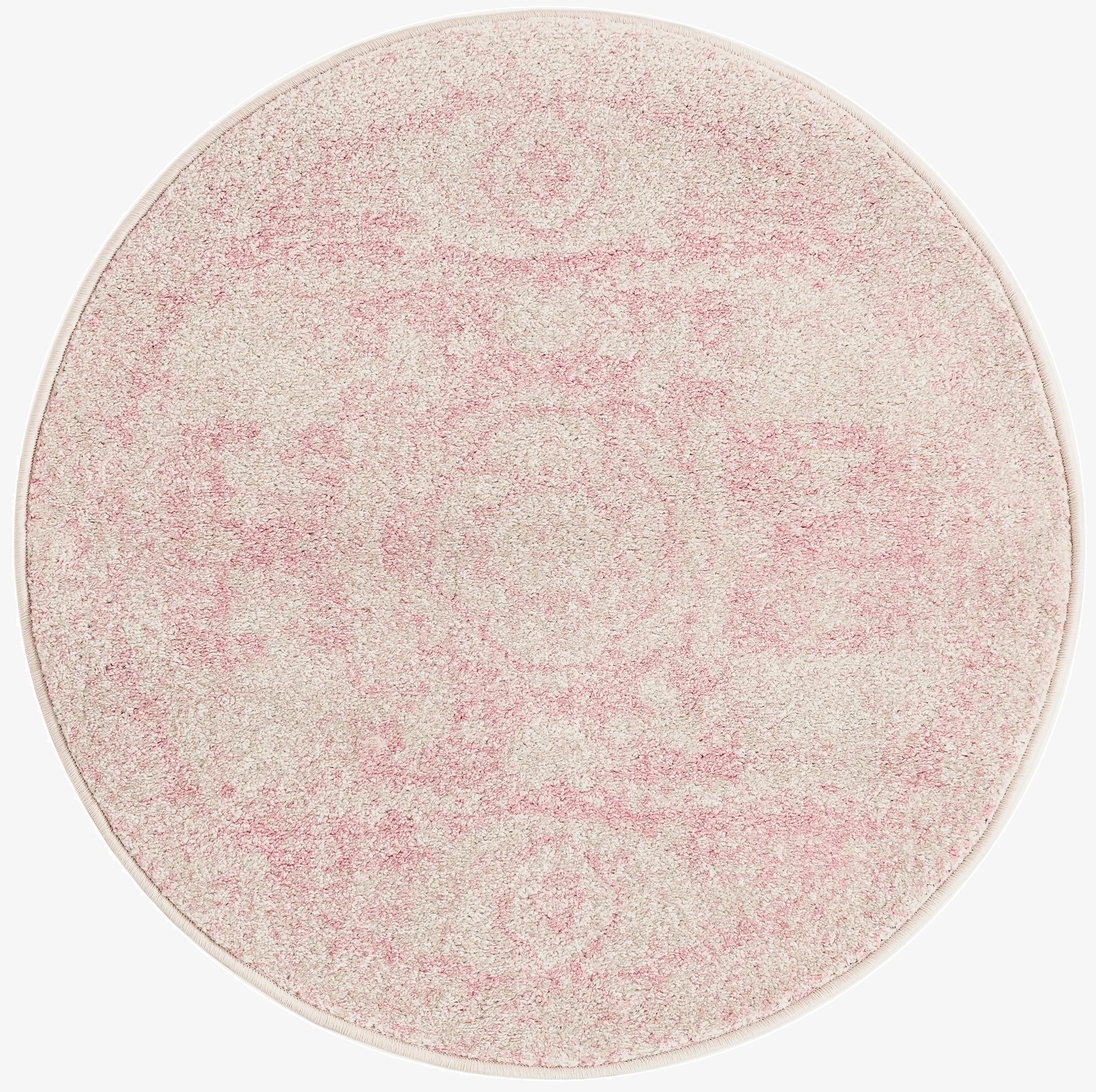 A 3' 0 x 3' 0 round pink shabby-chic area rug with a subtle medallion pattern and thin pile.