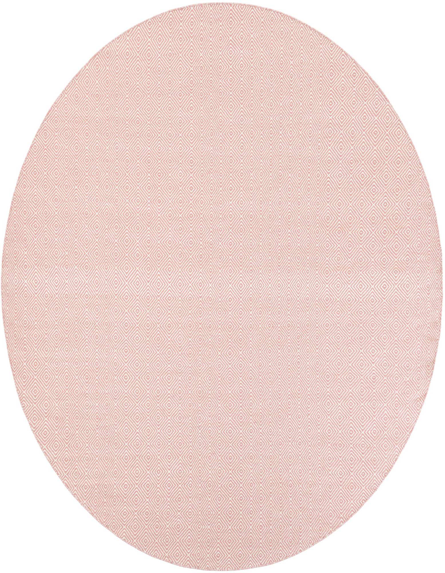 A 10-foot round pink area rug with a subtle geometric trellis pattern, made from wool and cotton.