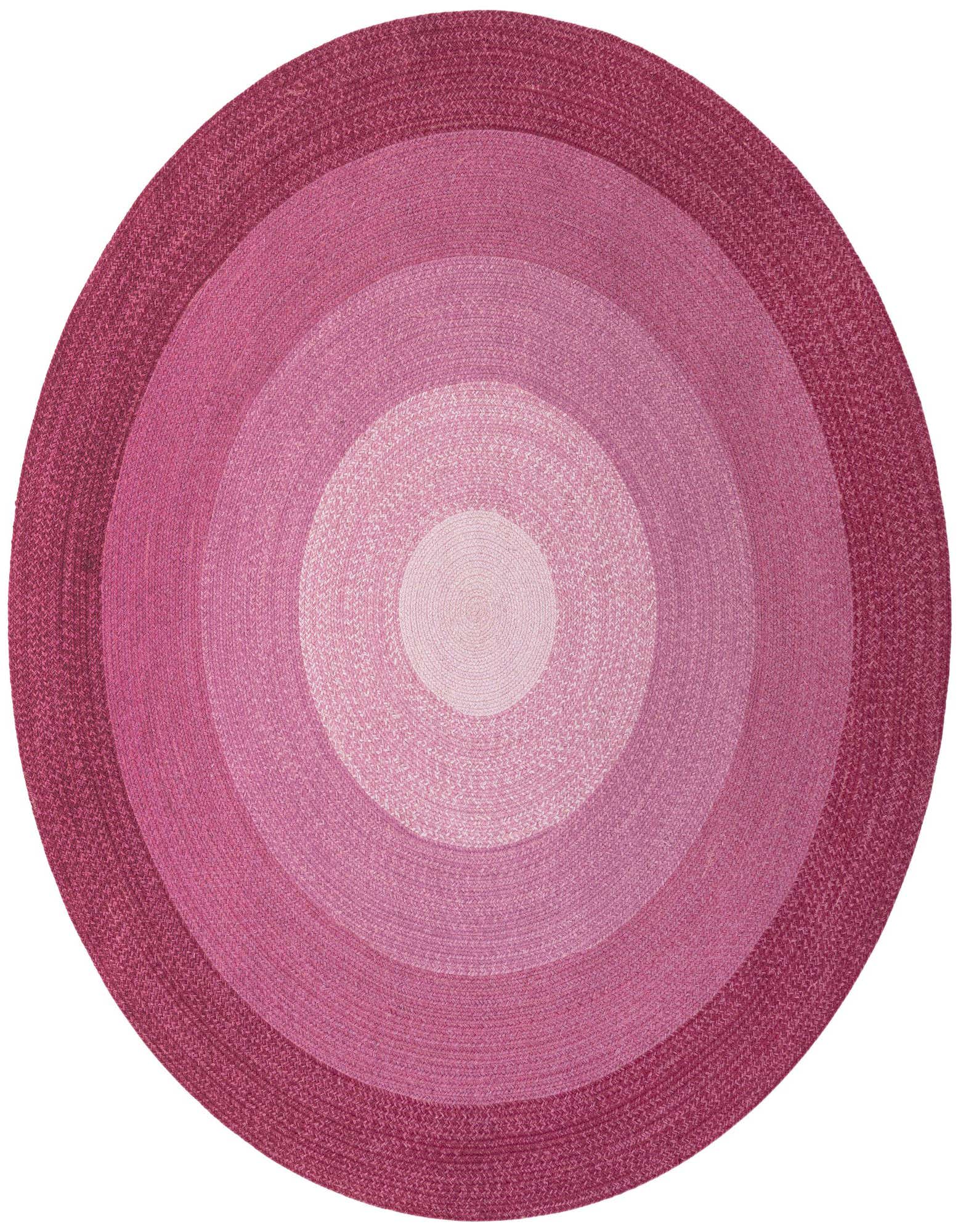 A round, hand-braided wool rug featuring concentric circles of varying pink shades, from deep fuchsia to light blush.