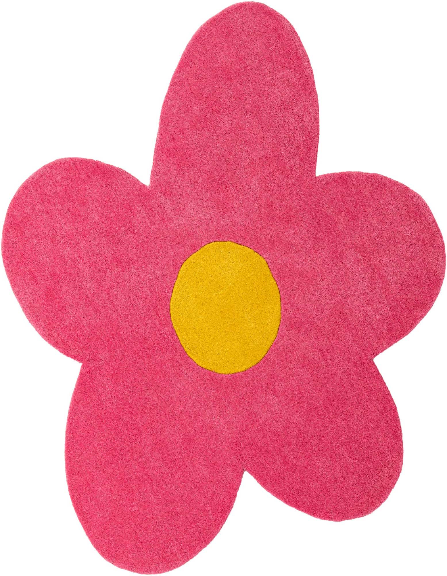 A vibrant pink flower-shaped rug with a bright yellow center, made of high-pile wool.