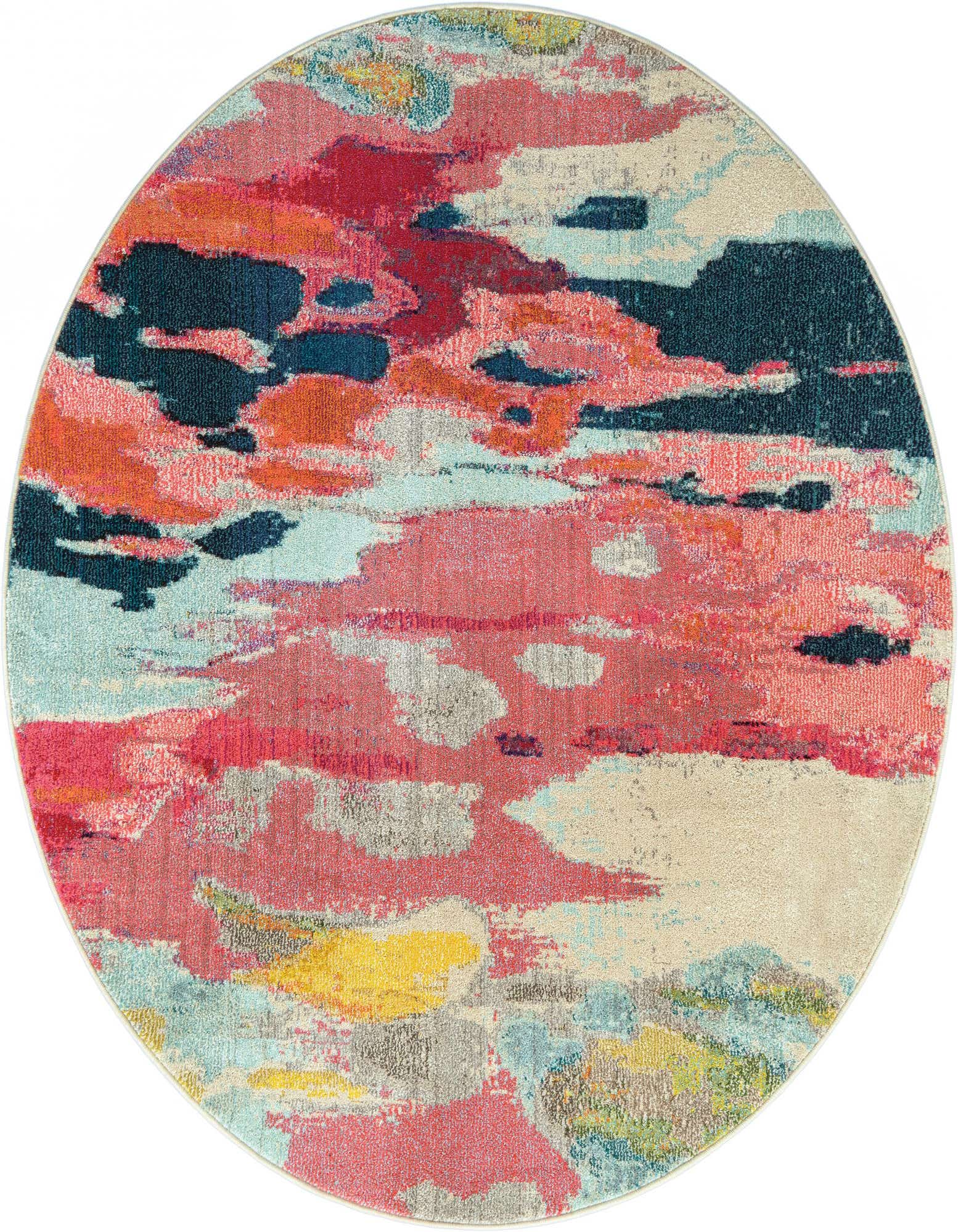 A 6' round modern abstract rug featuring a vibrant mix of pinks, blues, oranges, and yellows, perfect for a lively indoor space.