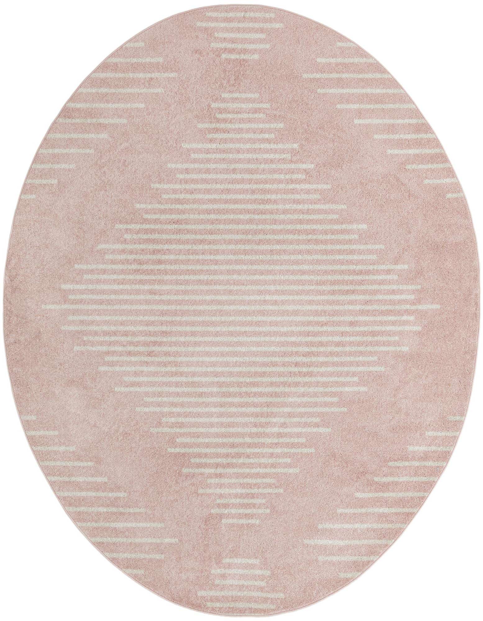 A 10-foot round pink area rug featuring a modern geometric stripe pattern in lighter pink, suitable for an indoor living space.