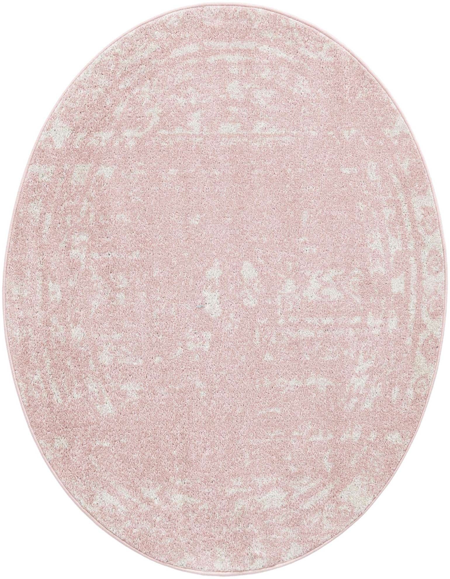 A 4' round pink polypropylene rug with a subtle, distressed Southwestern pattern, ideal for an indoor space.