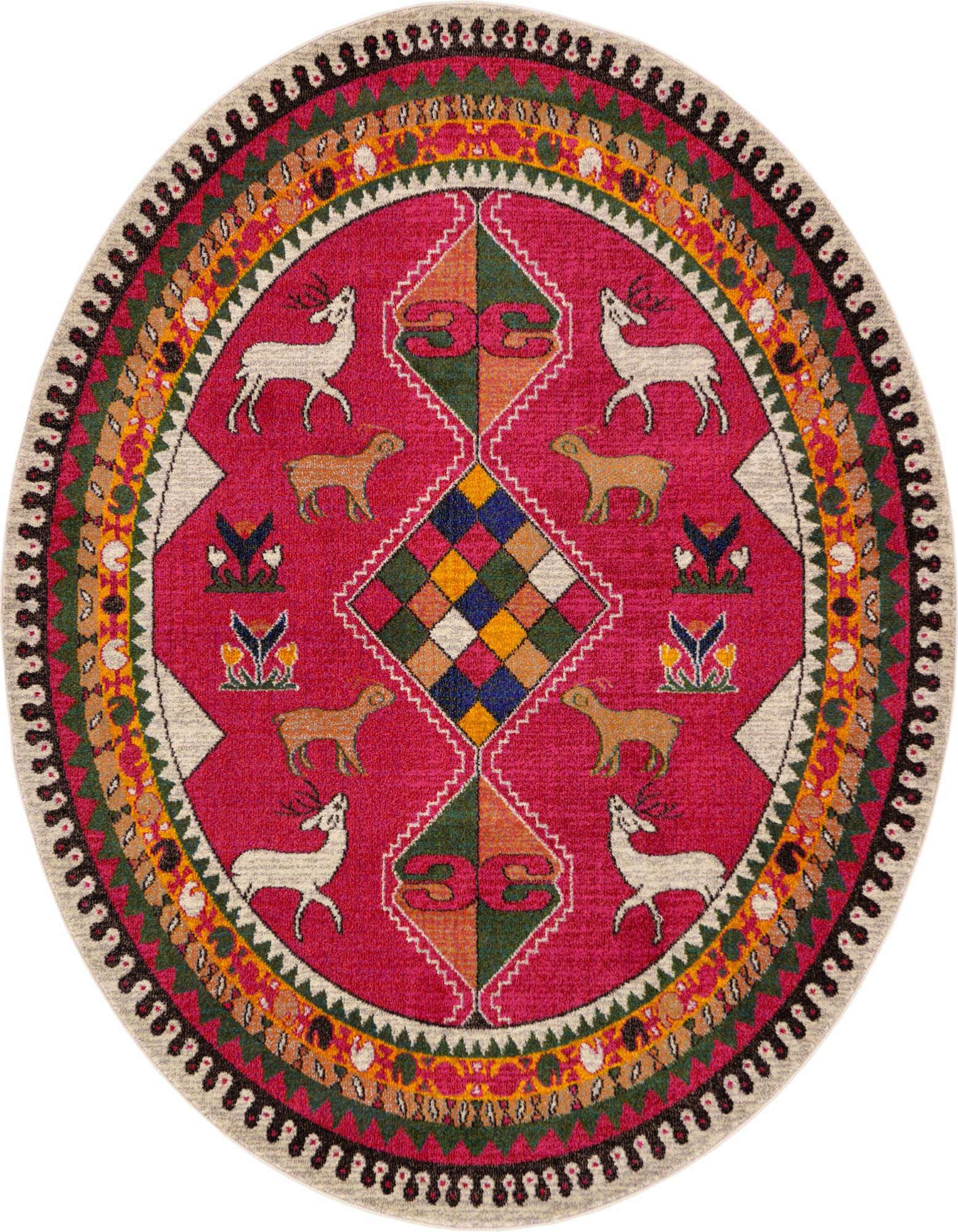A vibrant 8' round pink rug with an eclectic tribal pattern featuring deer, dogs, and colorful geometric designs.
