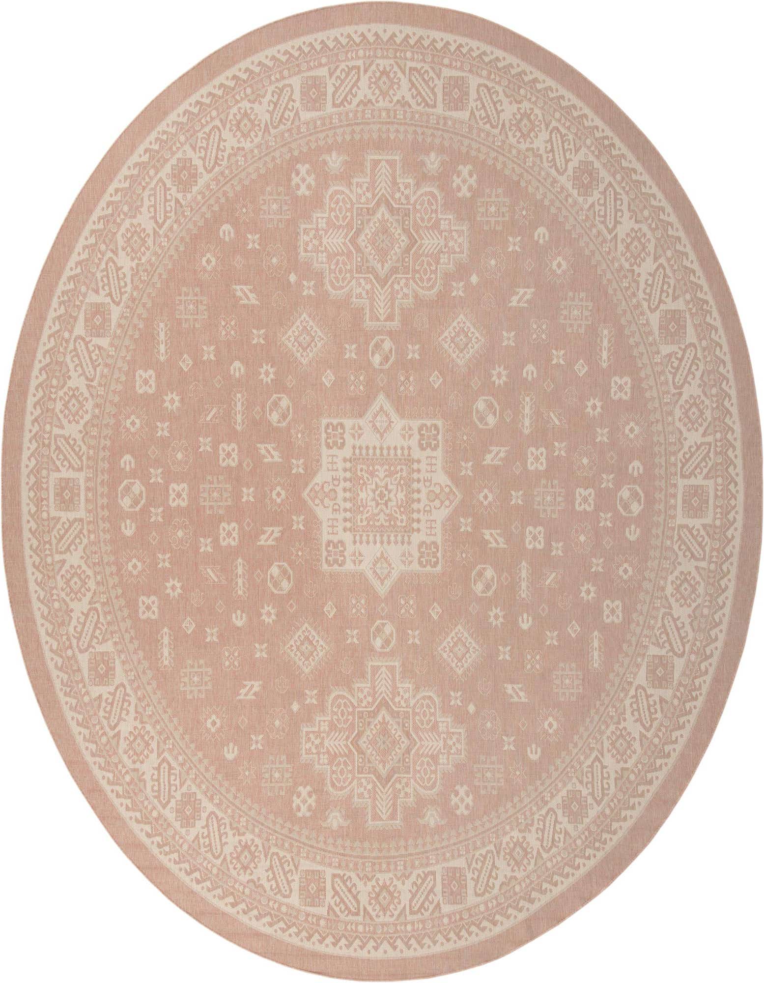 A 13-foot round pink and cream Southwestern rug with a detailed tribal pattern and border, suitable for indoor or outdoor use.