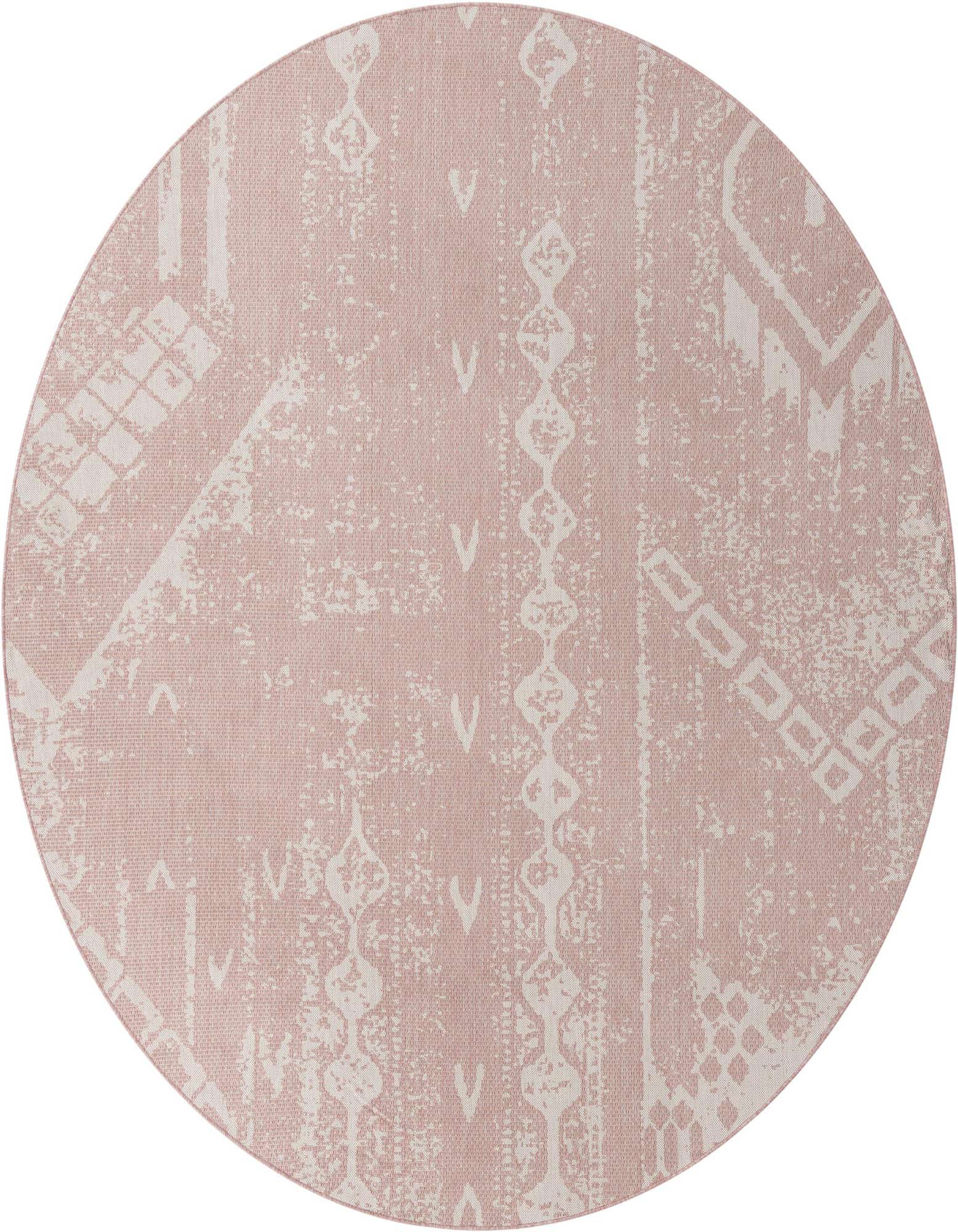 A 10' 8 x 10' 8 round pink modern rug with a distressed geometric pattern, suitable for indoor or outdoor use.