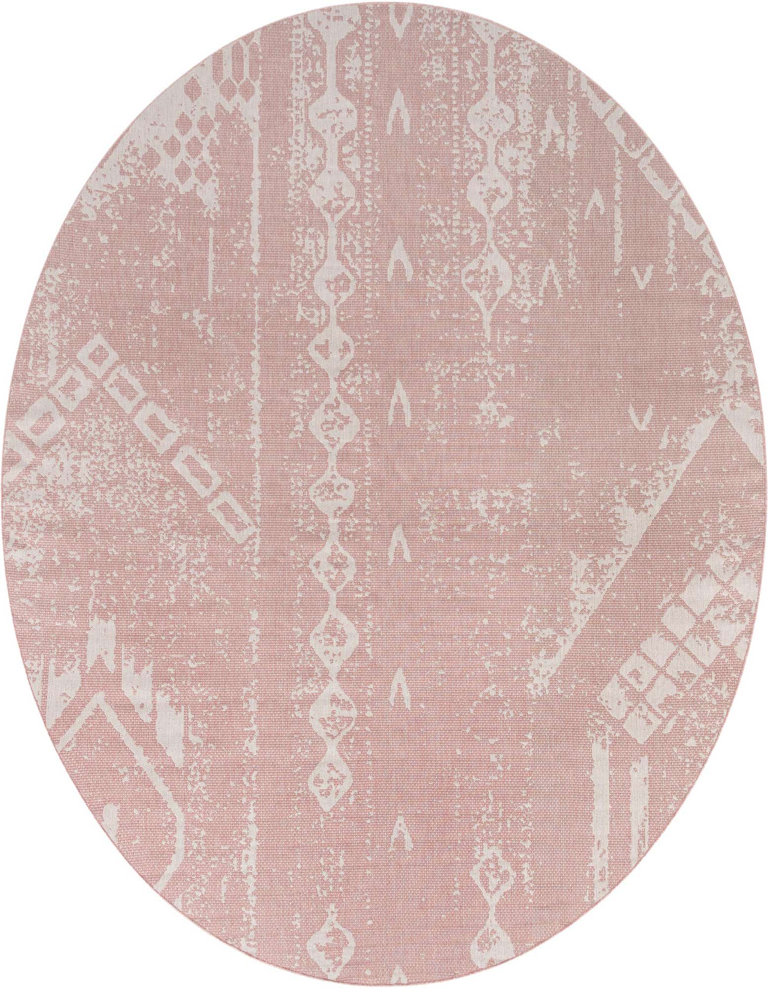 A 13-foot round pink and white modern outdoor rug with a distressed geometric pattern, perfect for a patio.