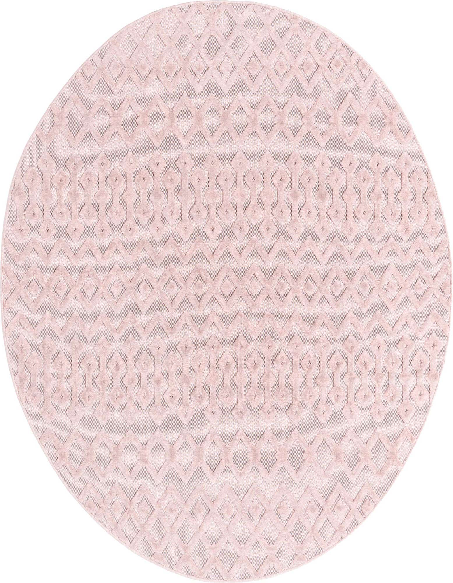 A 7' round pink tribal trellis rug with a textured high-low pile, suitable for indoor or outdoor use.