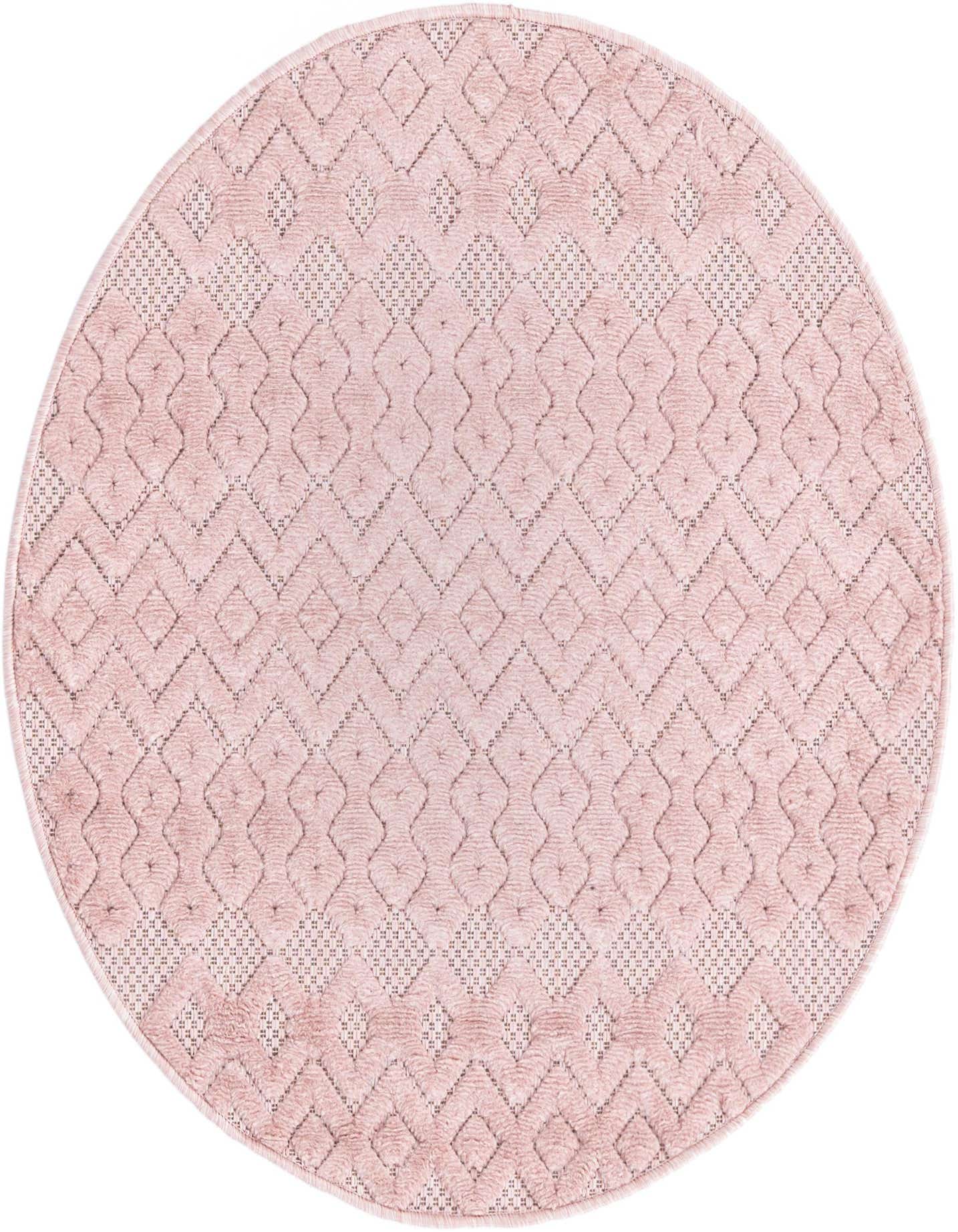 A 3' round pink tribal trellis rug with a textured high-low pile, suitable for indoor or outdoor use.