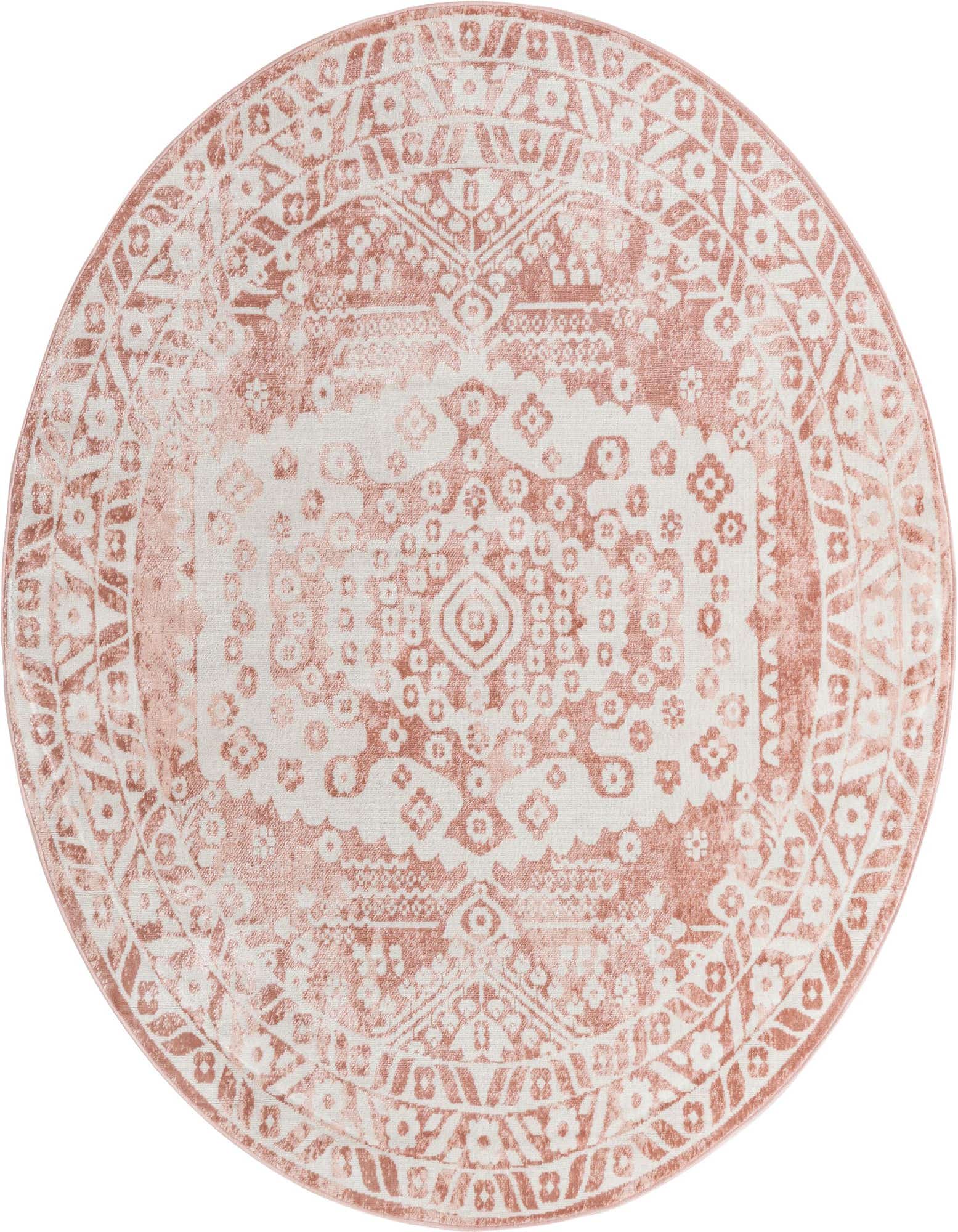 A 7' round pink and white bohemian rug with a distressed medallion and botanical pattern.