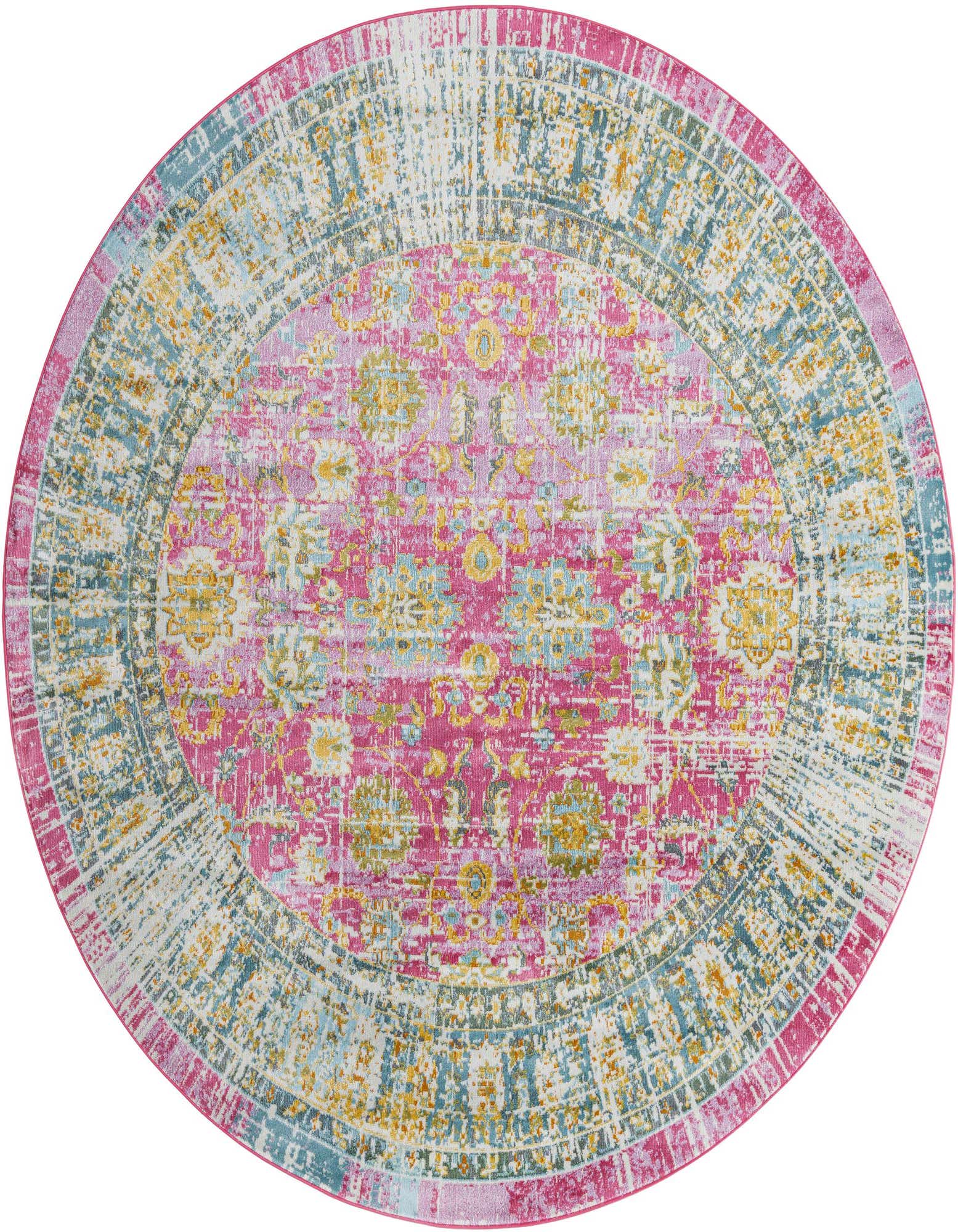 A vibrant 8' 2 round pink rug with a distressed traditional floral pattern in yellow, blue, and white.
