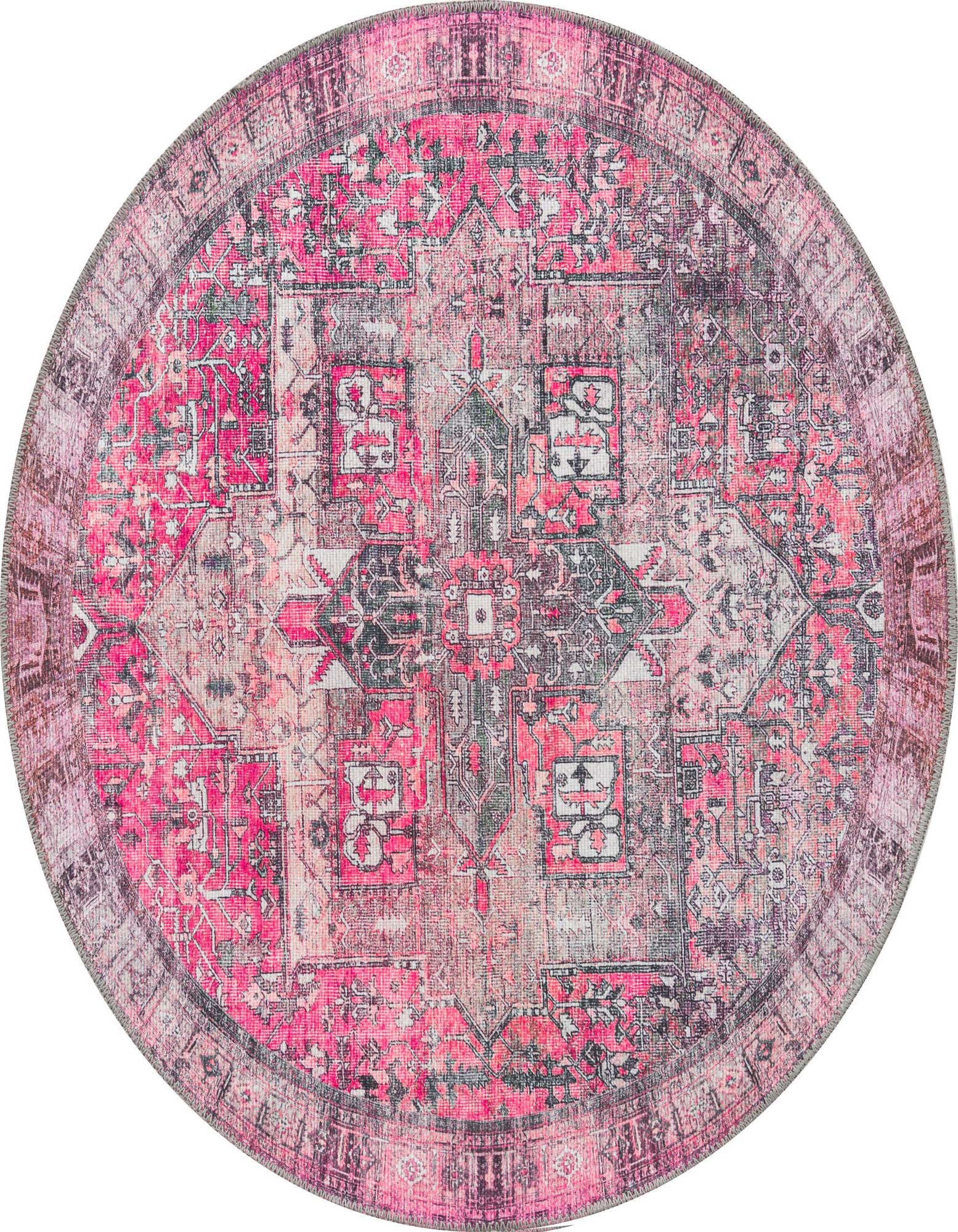 A 3' 6 round pink transitional rug with a distressed oriental medallion pattern, suitable for indoor spaces.