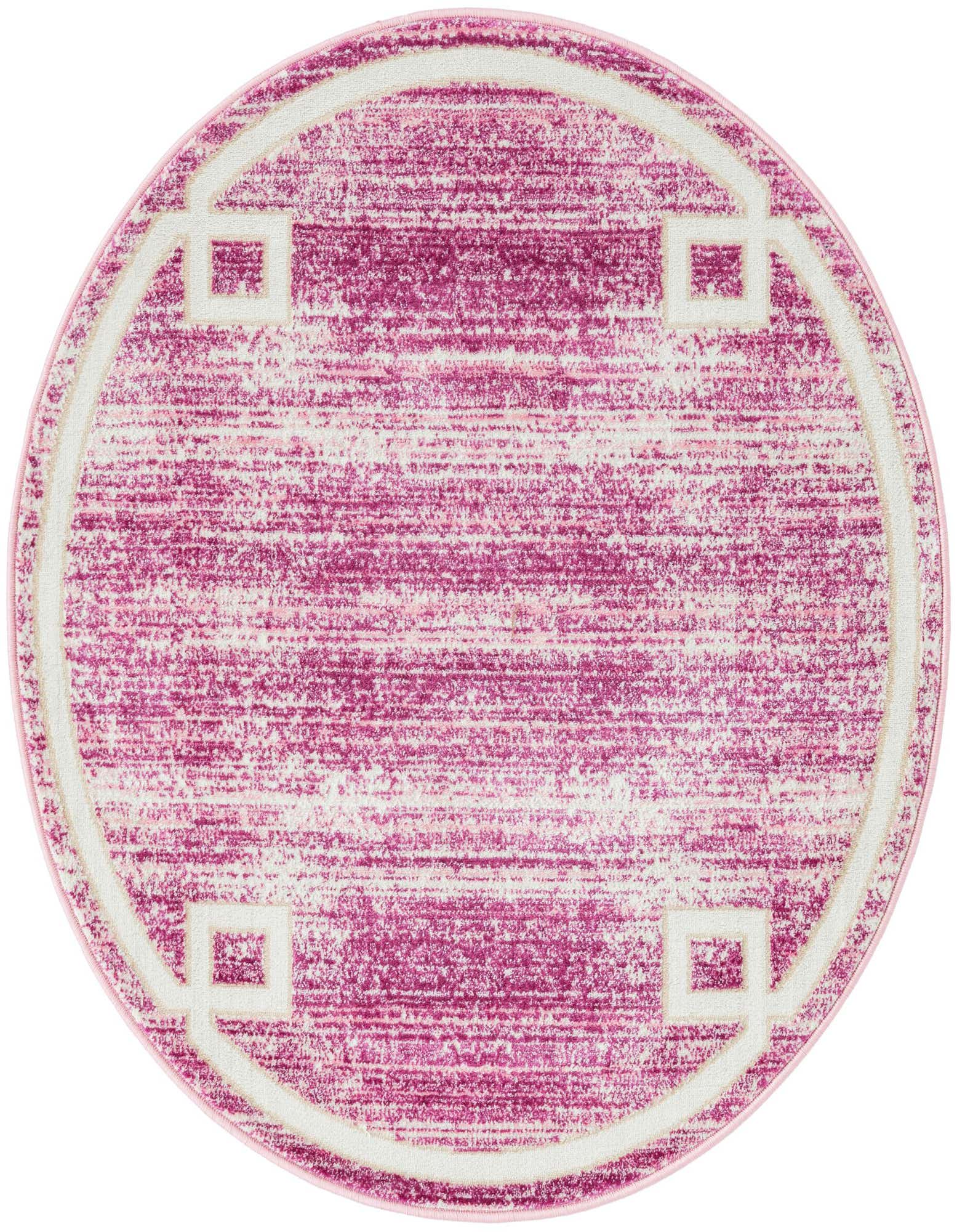 A 3' round pink and white contemporary rug with a distressed texture and a geometric border pattern.