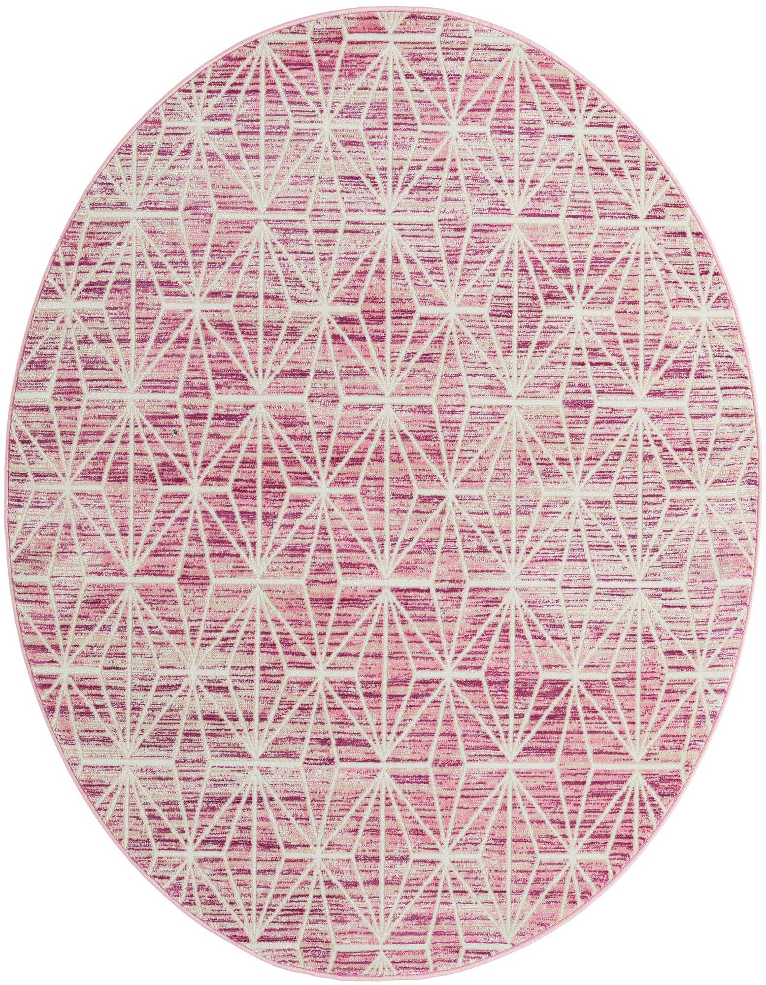 A 5' 3 round pink area rug with a white geometric mid-century pattern, featuring a textured thin pile.