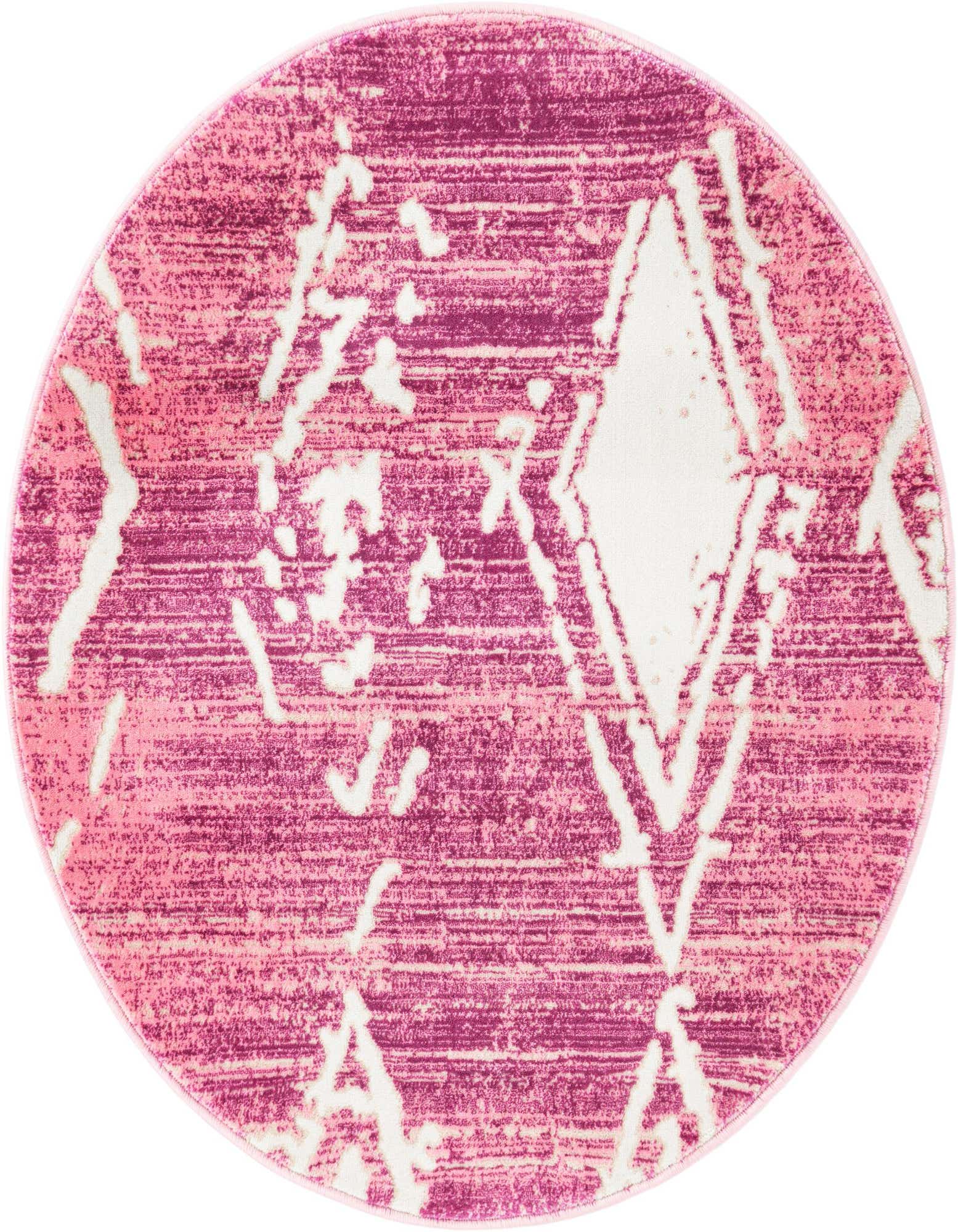 A 3' 0 x 3' 0 round pink modern rug with a distressed white geometric pattern, suitable for an indoor space.