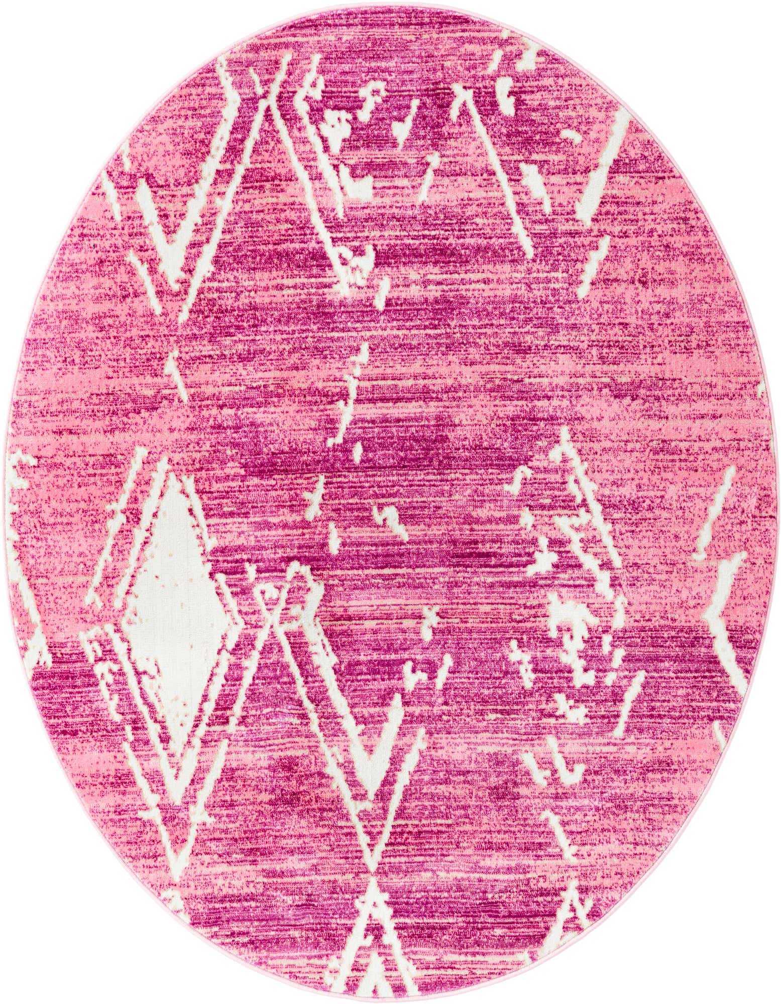 A 5' 3 round pink modern rug with an abstract white geometric pattern, showcasing its textured, thin pile.