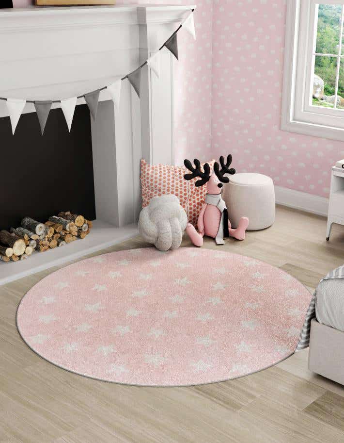 Kids Rug Nursery Rugs Girl Round Pink 3' X 3' Stars Whimsy Kids