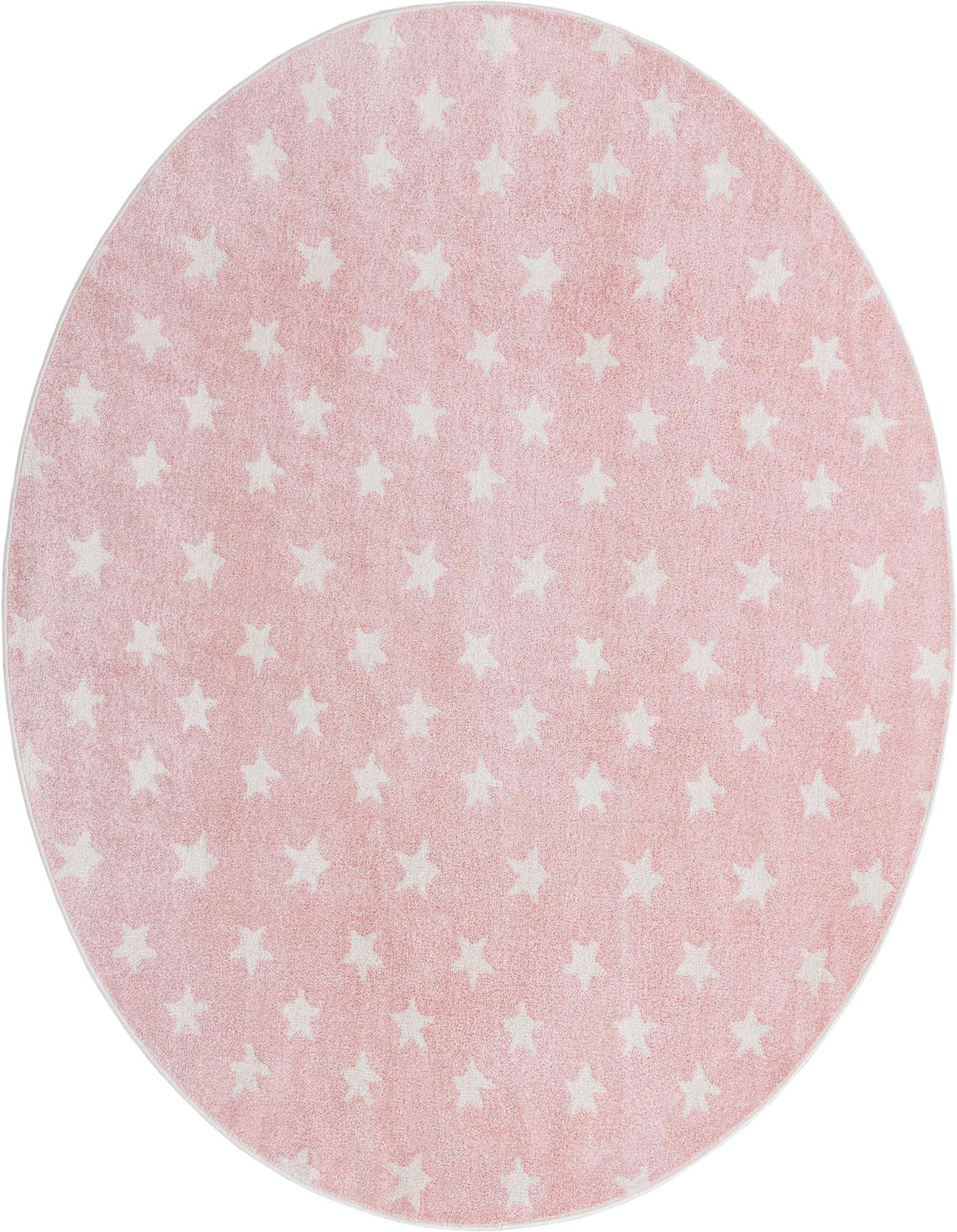 A round 7' 10 x 7' 10 pink rug with a modern white star pattern, suitable for a child's room.