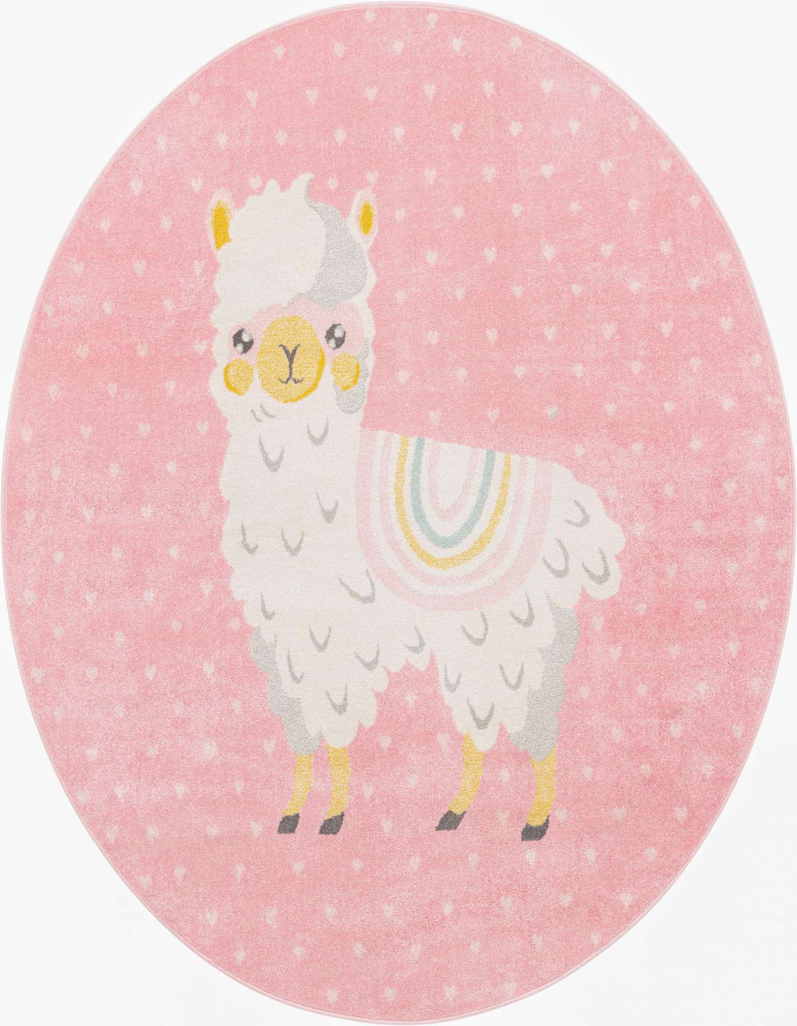 A round pink rug with a large, friendly white llama wearing a rainbow blanket, surrounded by small white hearts.