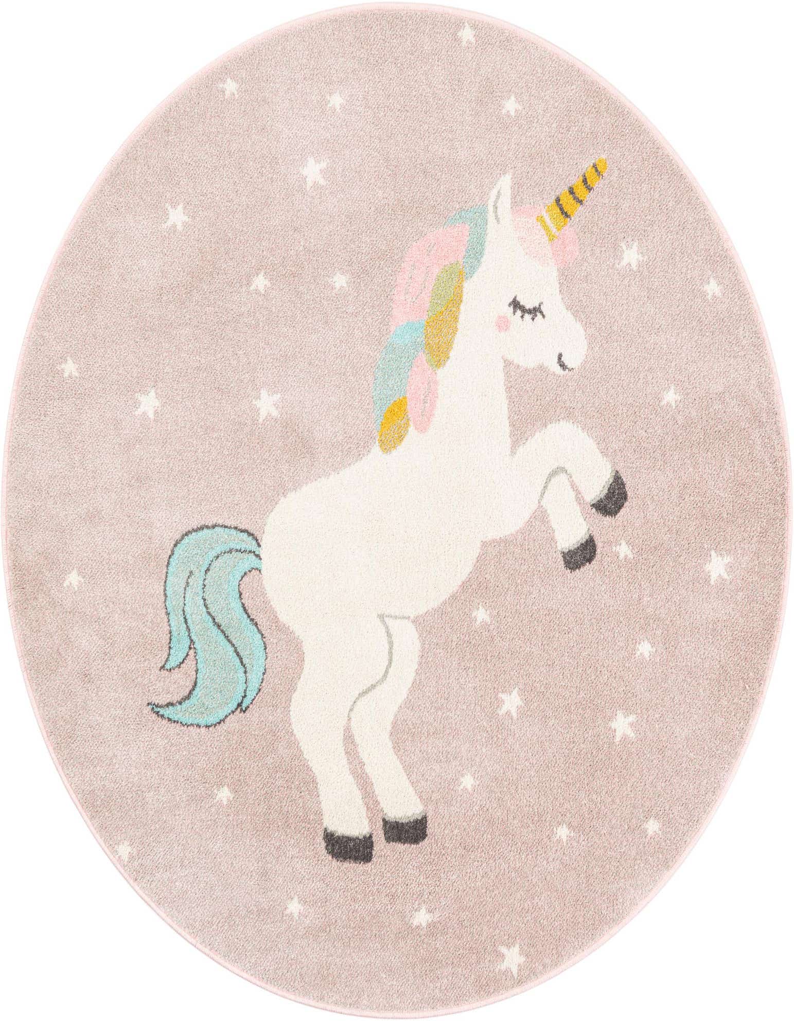 Round pink rug featuring a white unicorn with a rainbow mane and tail, surrounded by small white stars, ideal for a child's room.