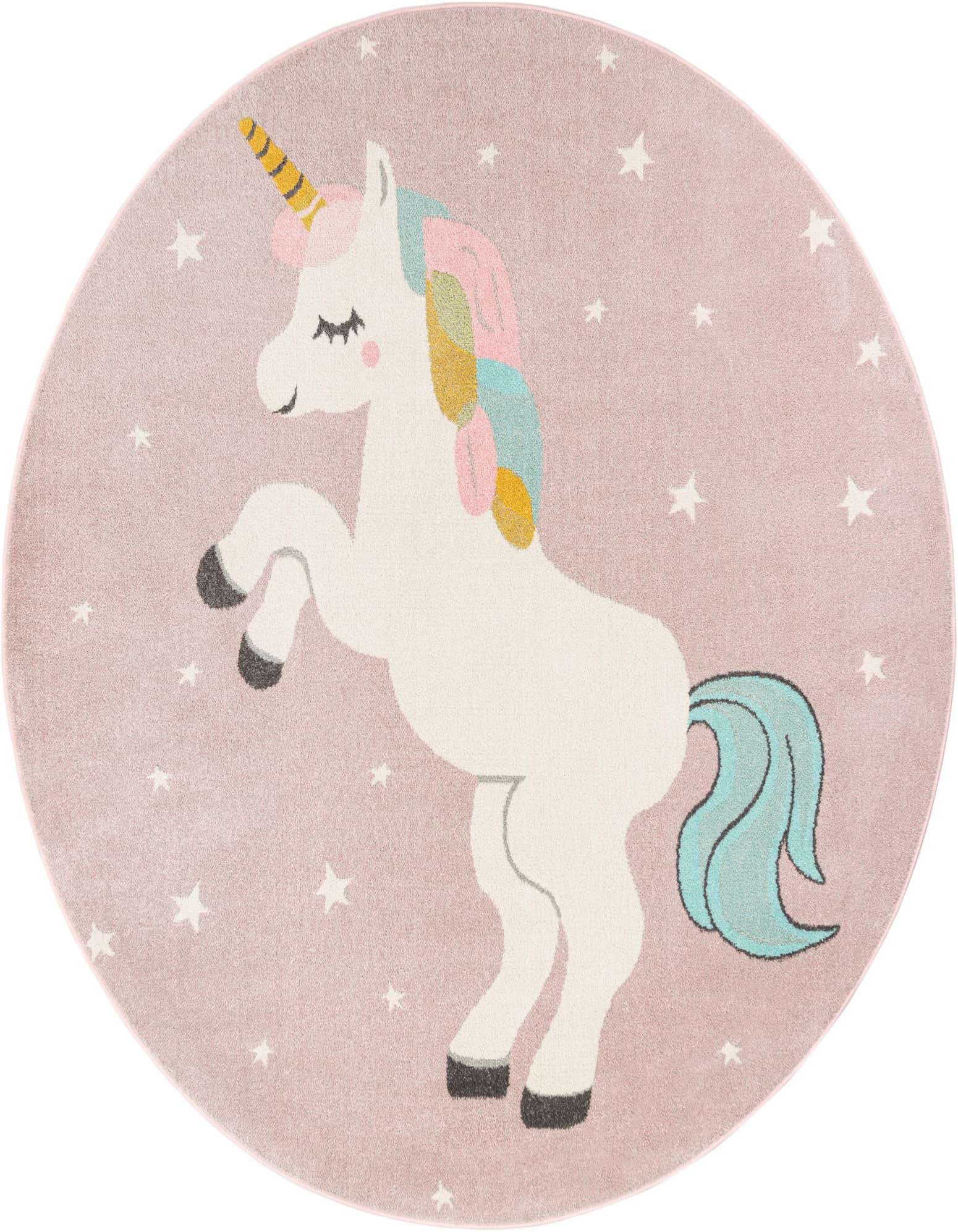 A round pink rug featuring a white unicorn with a yellow horn and colorful mane, surrounded by white stars.