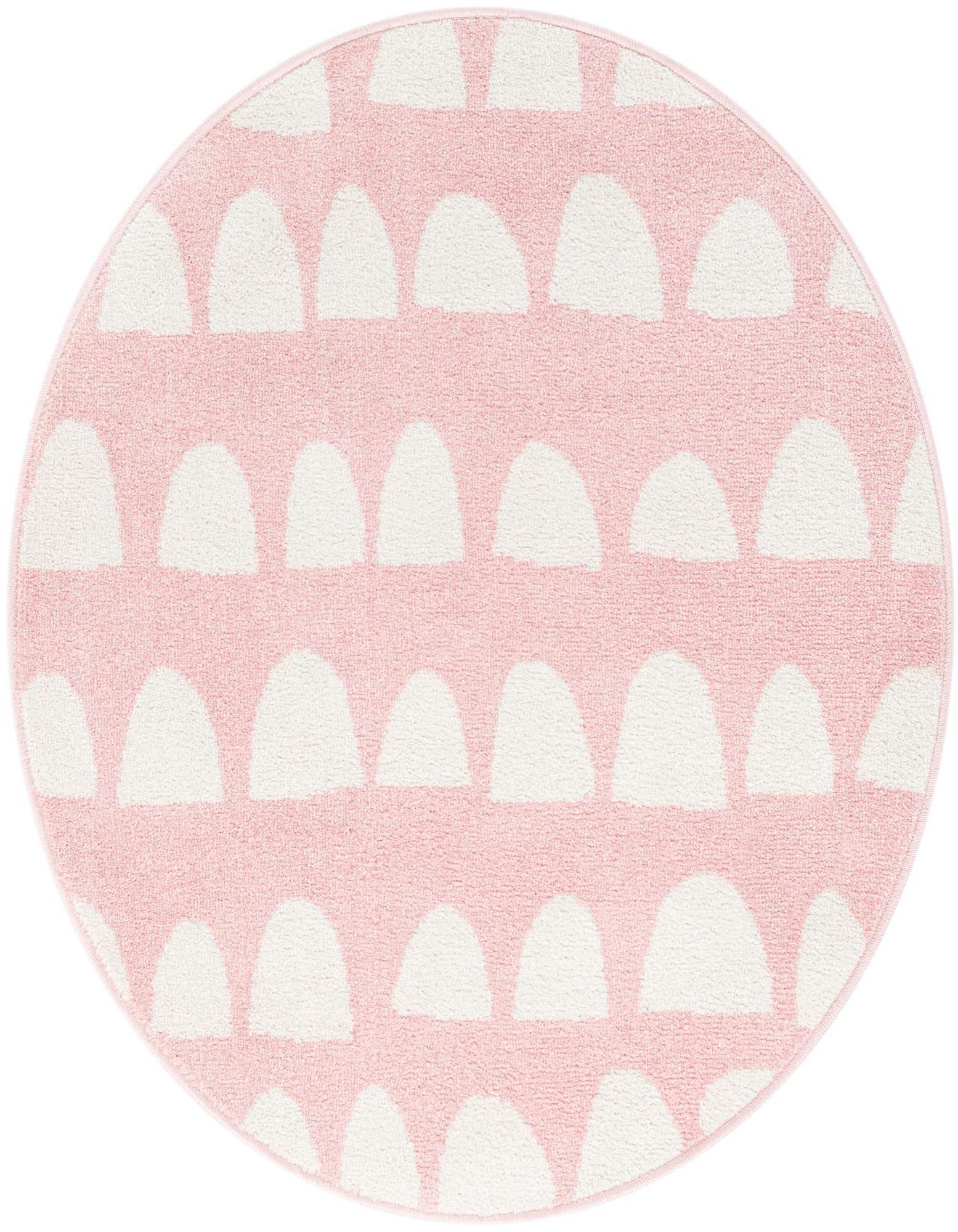 A 3' 3 x 3' 3 round pink rug with a modern abstract pattern of white half-circle shapes, suitable for a child's room.