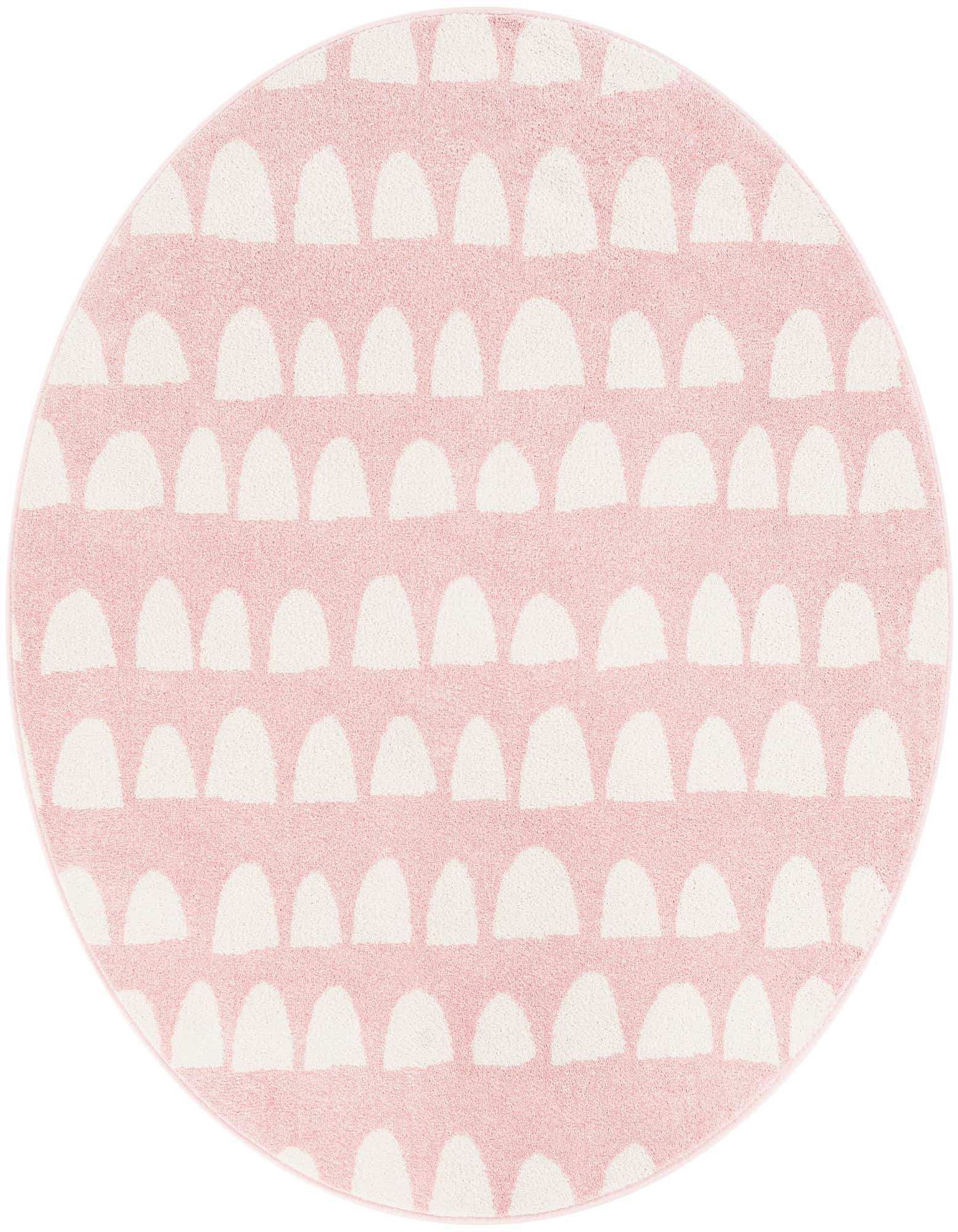 A 5' 0 x 5' 0 round pink area rug with a modern abstract pattern of white half-circle shapes.