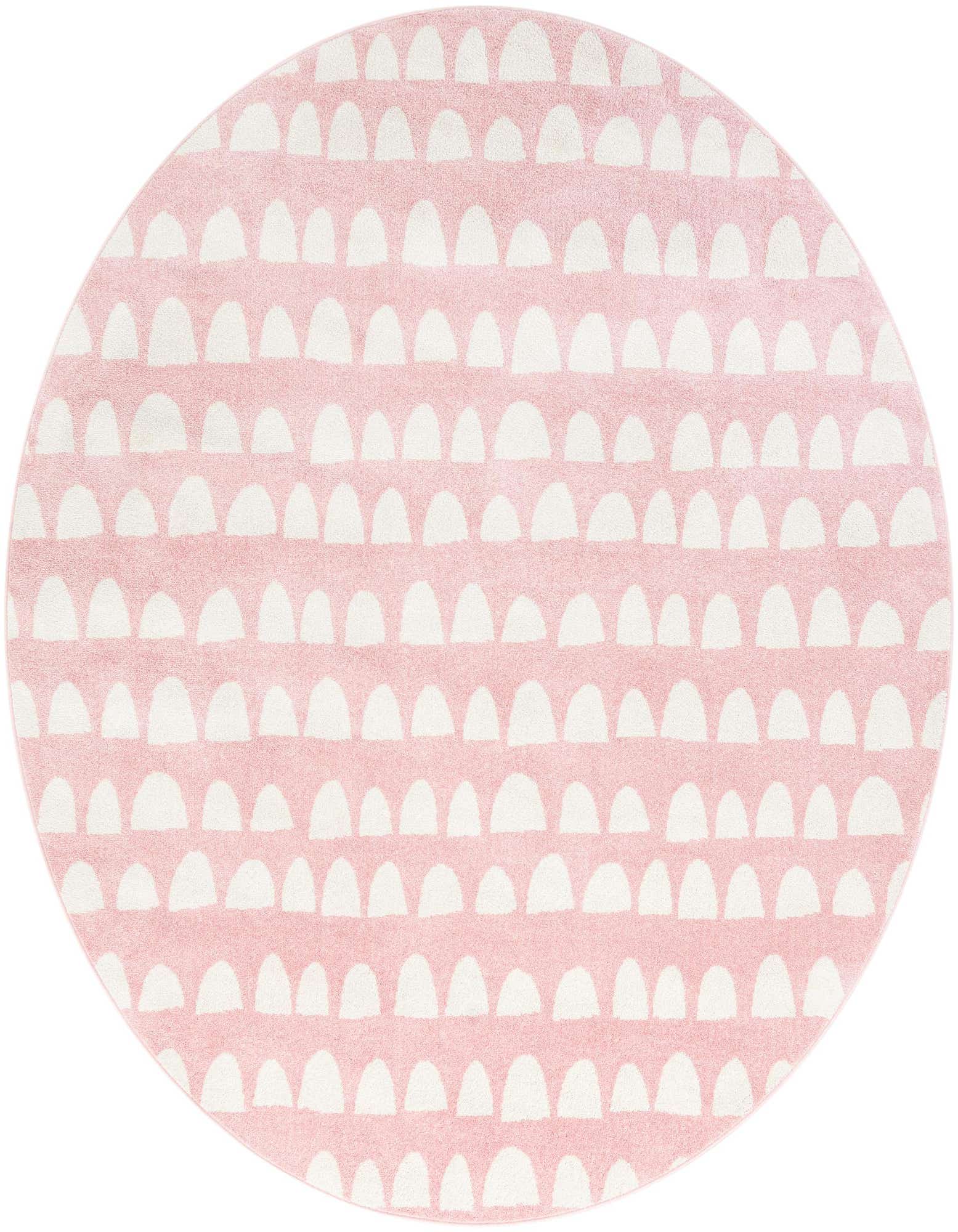 A 7' 10 x 7' 10 round pink rug with a modern abstract pattern of white, half-moon shapes.