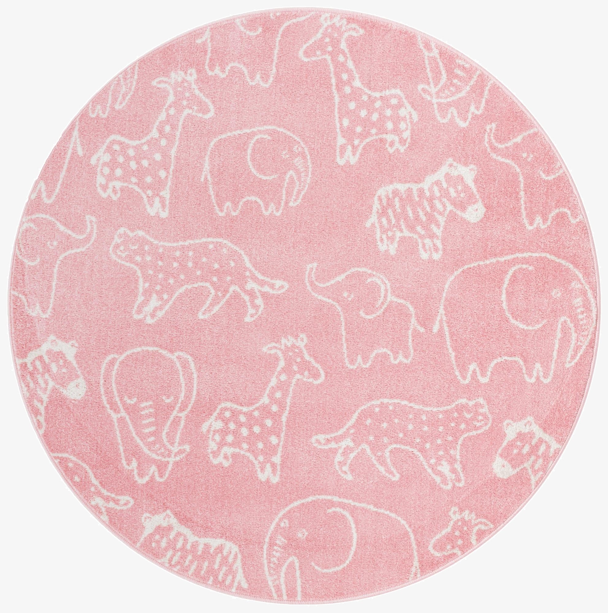 Round pink rug featuring playful white outlines of safari animals like elephants, giraffes, and zebras, ideal for a child's room.