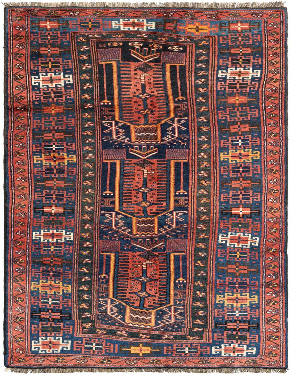 A handmade 10 Ft Afshar runner rug with traditional Persian patterns in deep pinks, blues, and accents of gold.