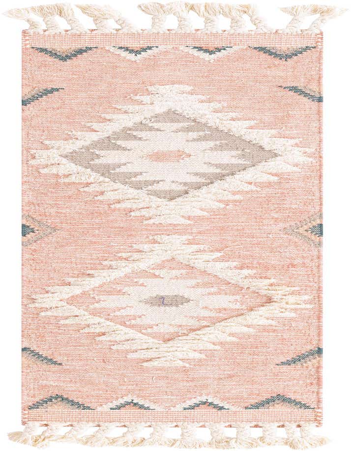 A 6 ft runner rug in pink with a Southwestern tribal pattern featuring cream shag diamonds and braided tassels.