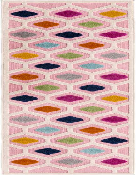 A 10 ft runner rug featuring a pink background with a white trellis pattern framing colorful bohemian diamonds in blue, orange, yellow, green, gray, and fuchsia.