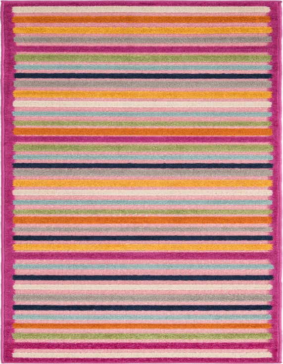 A vibrant 8 ft runner rug with thick, colorful horizontal stripes in pinks, oranges, blues, greens, and yellows, framed by a solid pink border, suitable for a hallway or patio.
