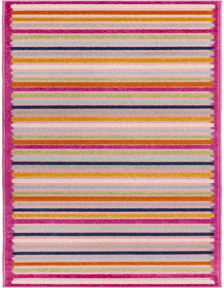 A 10 ft runner rug featuring vibrant, multi-colored horizontal stripes in shades of pink, orange, yellow, blue, green, and white, with a fuchsia border.