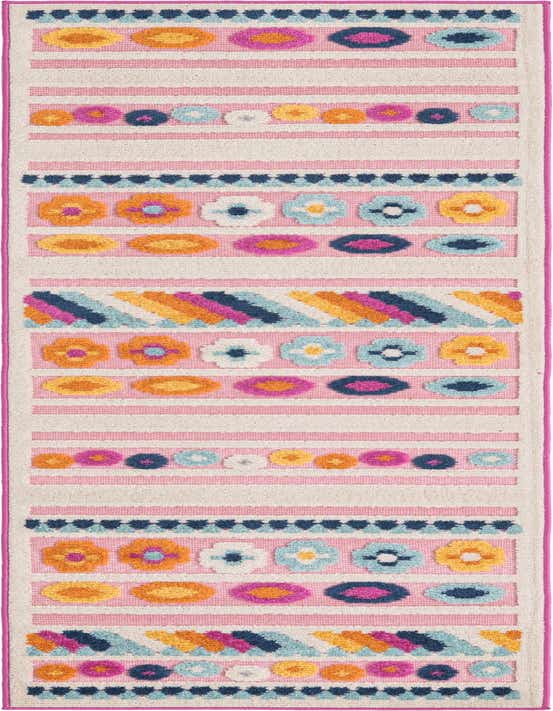 A vibrant 8 ft runner rug with a bohemian stripe pattern, featuring pink, orange, blue, and yellow floral and geometric designs on a cream background, ideal for a hallway or patio.