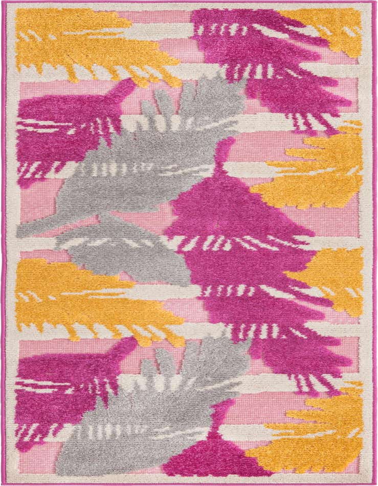 A 6 ft runner rug with a vibrant tropical pattern featuring fuchsia, gold, and gray palm fronds over a pink and white striped background.