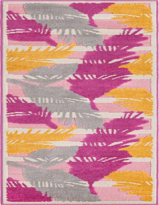A vibrant pink, yellow, and grey tropical runner rug with a stripe pattern, suitable for a hallway or patio.